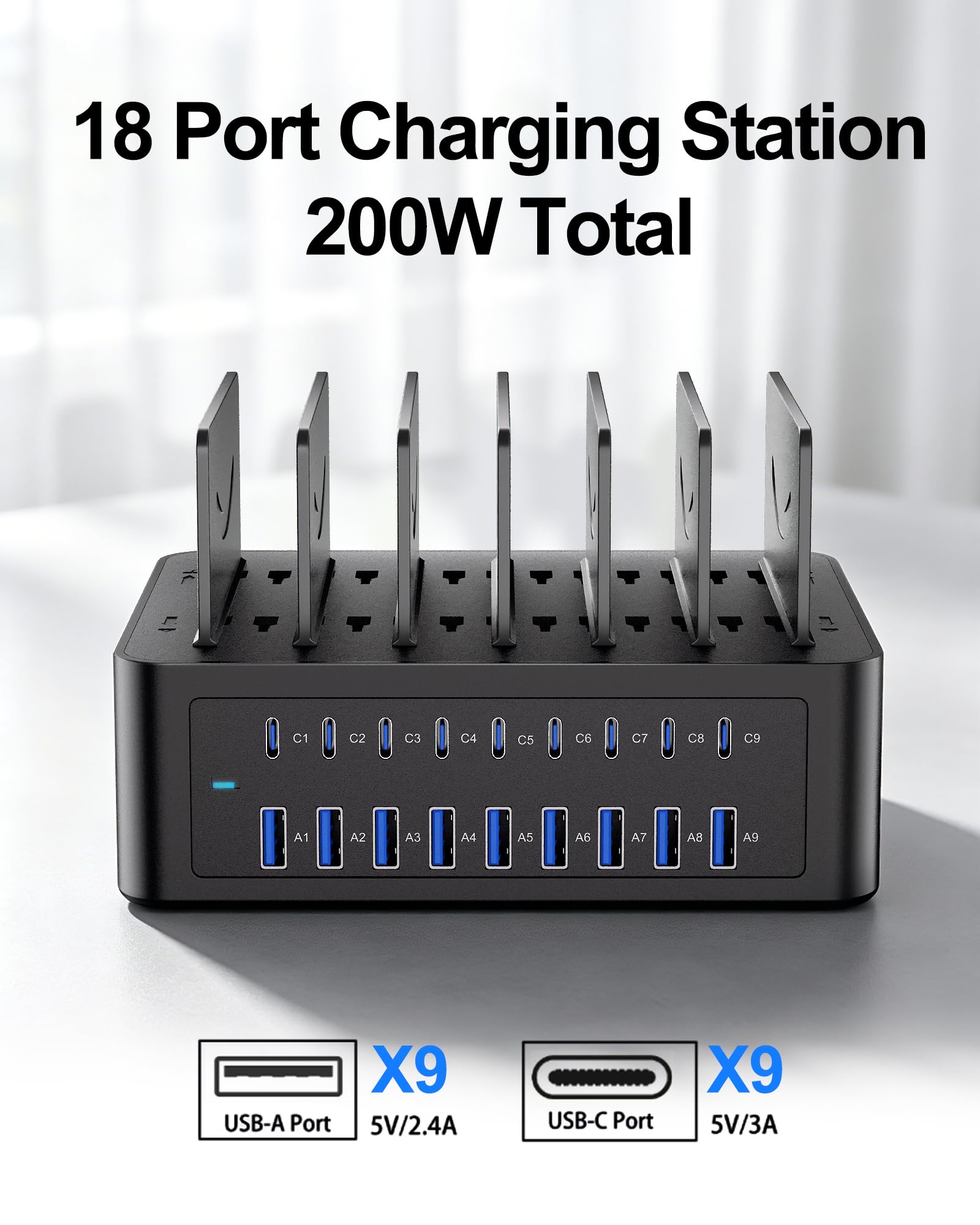 Estación de carga de 200 W/40 A para múltiples dispositivos, cargador rápido USB C de 18 puertos | Con separadores ajustables, base de carga organizadora múltiple para smartphone, iPad, Kindle, tableta y más