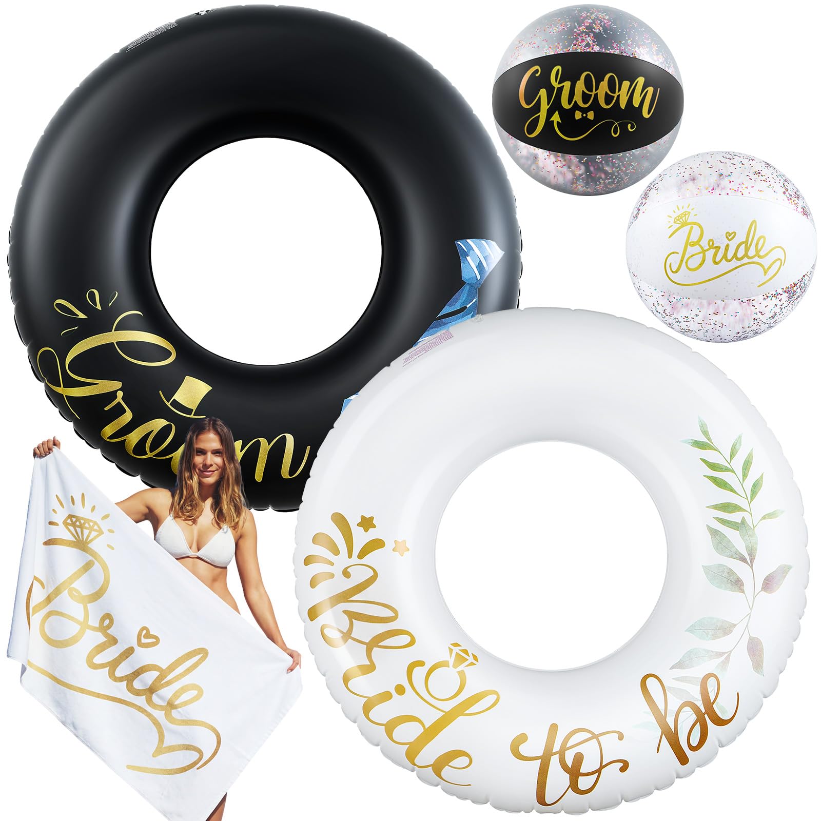 6 Pcs 2 Groom to Be Mr and Mrs Pool Floats 36 Inch, 2 Beach Ball 16 inch, 2 Pcs Beach Towels, Bachelorette Gifts, Coastal Bachelorette Party Decorations, Bridal Shower Accessories Favors