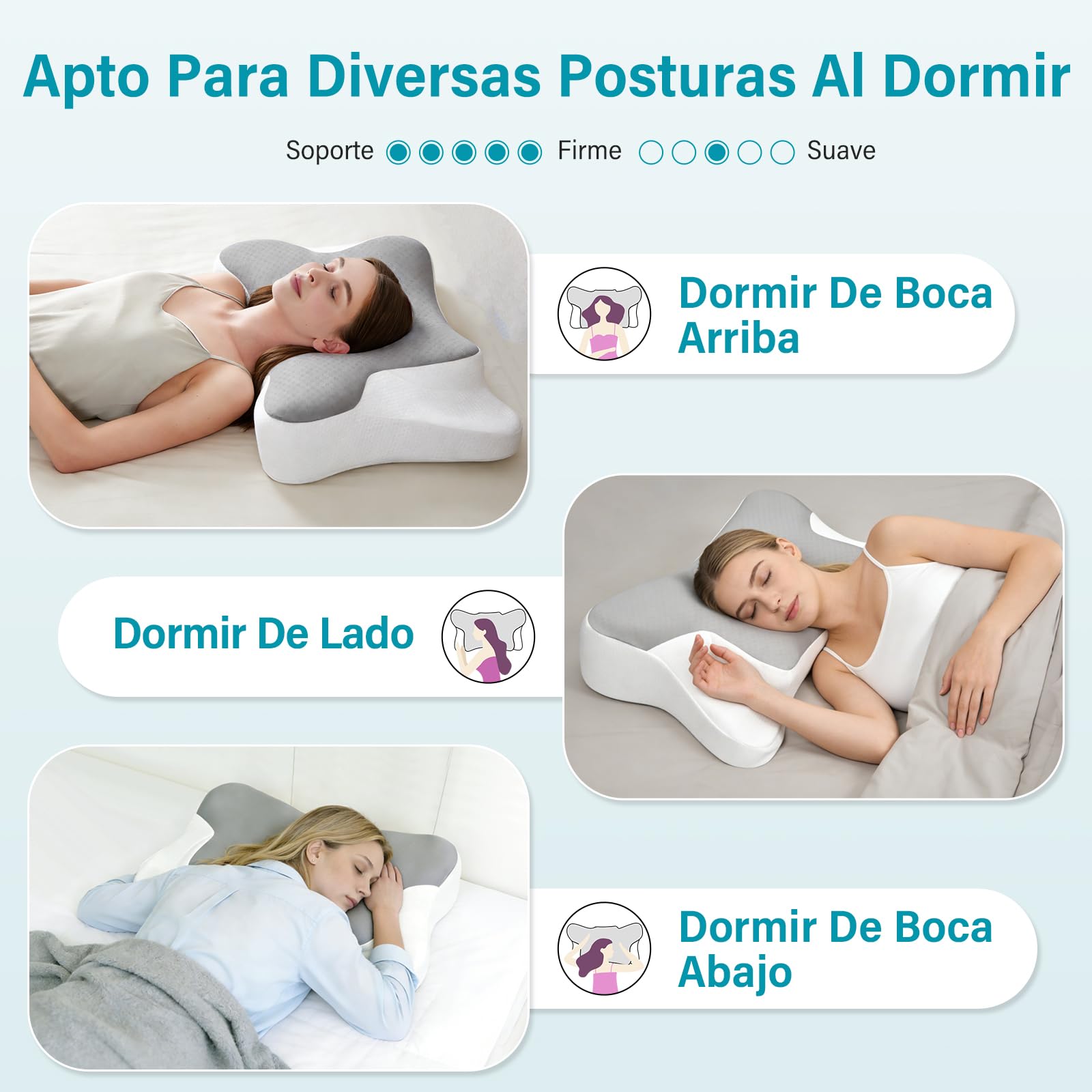 Almohada Cervicales y Cuello, Almohada Cervical en 2 Alturas, Almohada Viscoelastica con Funda de Almohada Extraíble para Dormir de Lado, Boca Arriba y Boca Abajo, 66x37x9/12cm (Plata)
