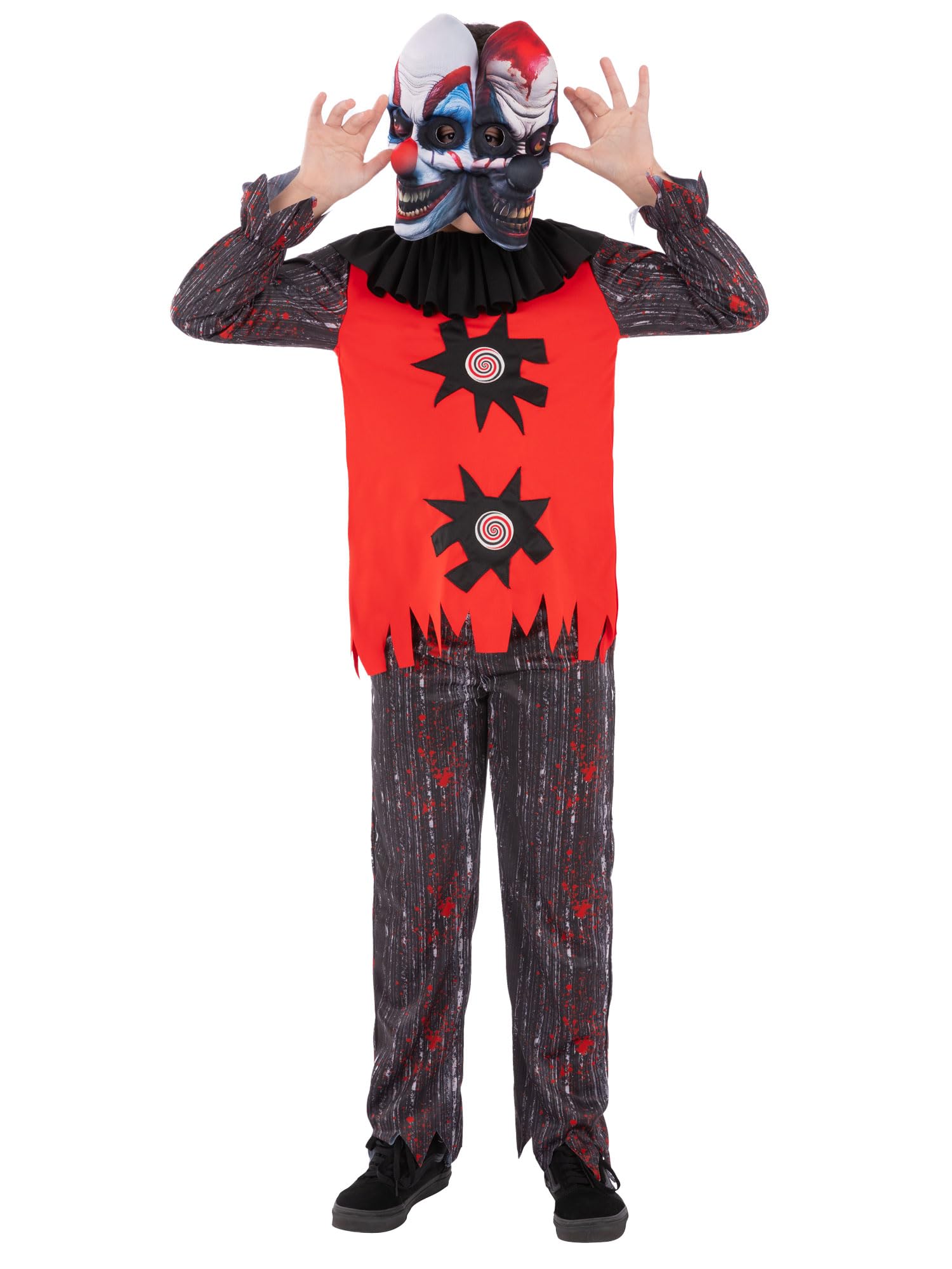 Smiffys Kids 2 Headed Chuckles The Clown Costume Creepy Double Head Fancy Dress Scary Circus Clown Halloween Outfit with Shirt Trousers and Mask for Boys