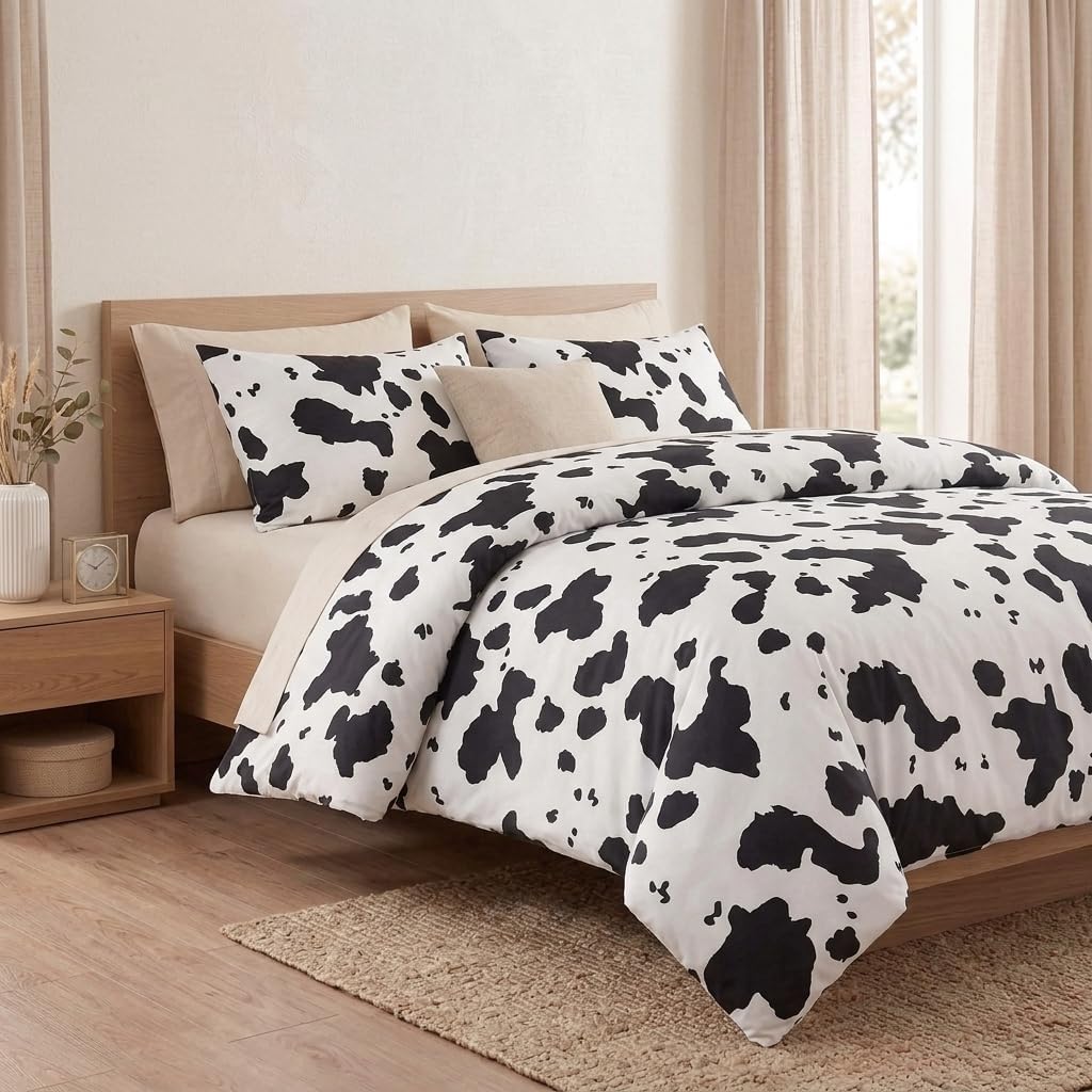 100% Cotton Duvet Cover Queen Size, Black and White Cow Print Bedding Set with Zipper Closure, Farmhouse Soft Breathable Comforter Cover with 2 Pillowcases for All Seasons
