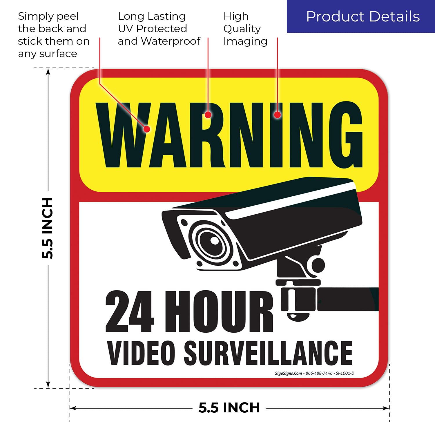 (4 unidades) 24 horas de vídeo vigilancia señal/de Vinilo Autoadhesivo "5 ½ x 5 ½" 4 Mil vinilo – uso interior y exterior – con protección UV y resistente al agua – elegante, esquinas redondeadas