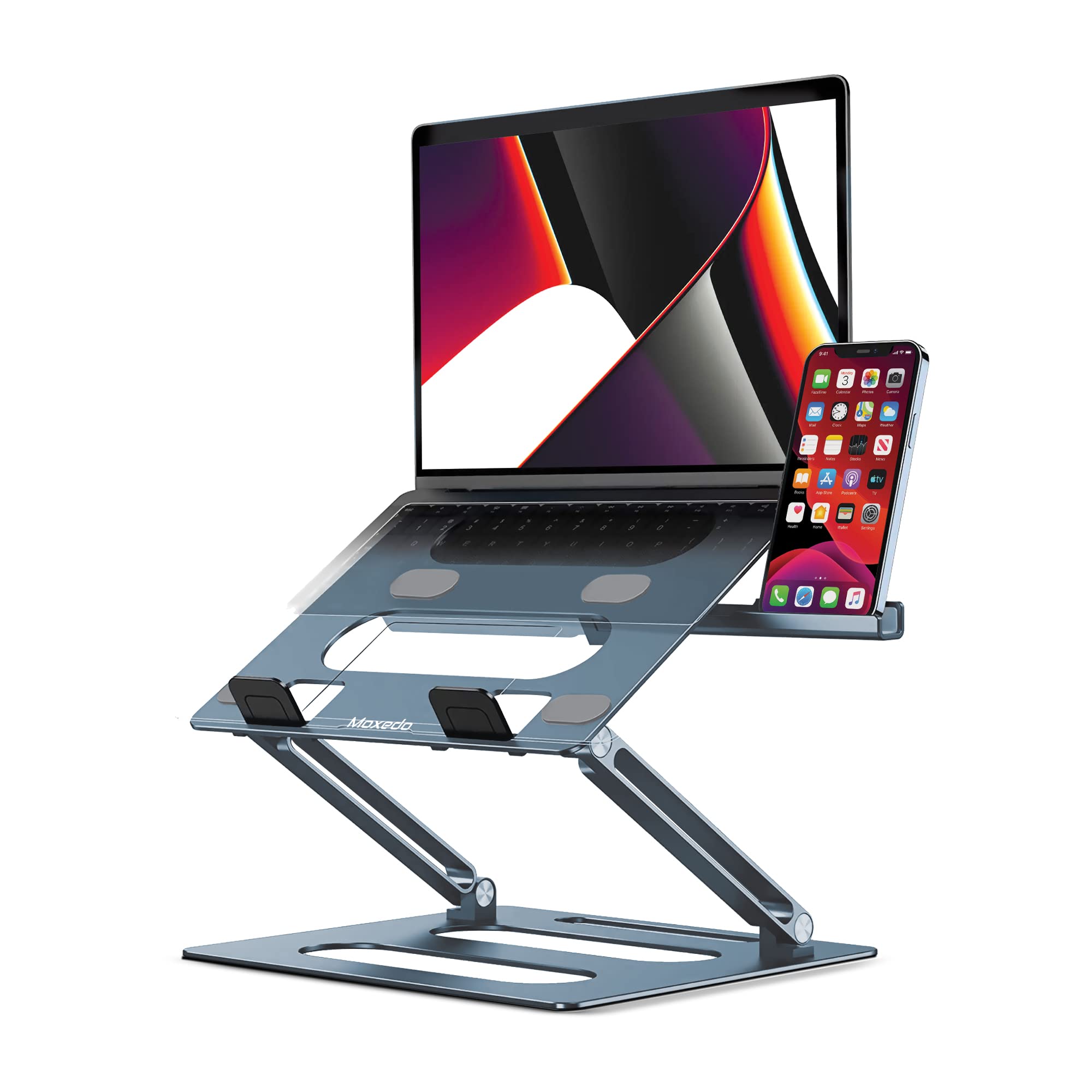 MoxedoFoldable Aluminum Laptop Stand With Phone Holder Compatible for MacBook Apple Mac Pro Air Dell Hp and More Laptops 11 Up to 15 inch