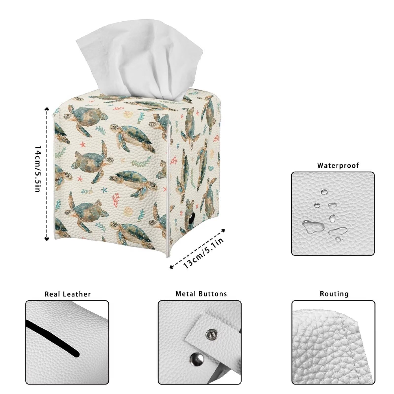 Sea Turtle Wave Tissue Box Cover - Coastal Beach Bathroom Decor, Resin, Fits Standard Square Boxes