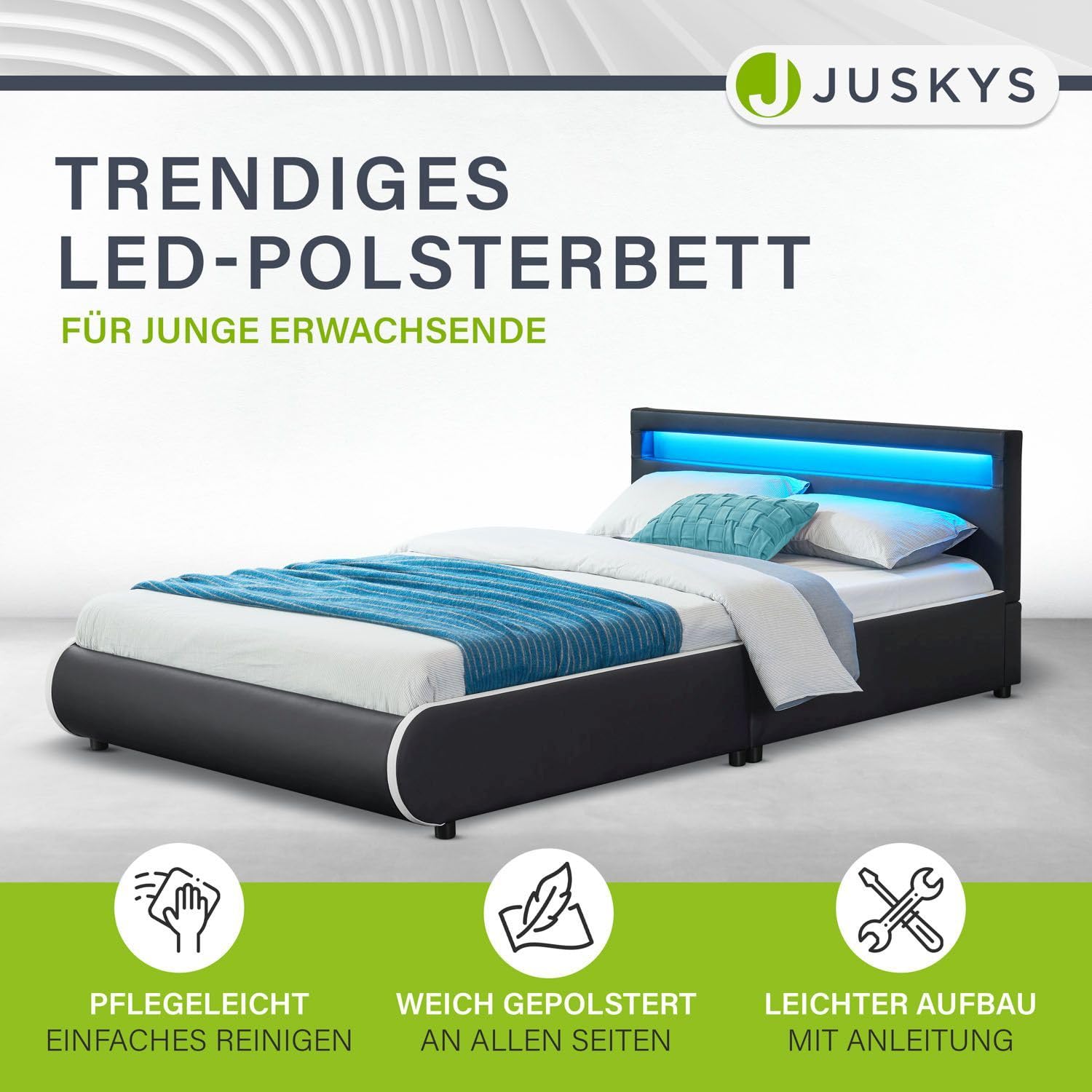 Juskys Polsterbett Sevilla 140x200 cm mit Matratze, LED Beleuchtung, Lattenrost & Kopfteil - Holz & Kunstleder - 16 Farbeinstellungen & Fernbedienung - Bett Jugendbett Einzelbett - Schwarz