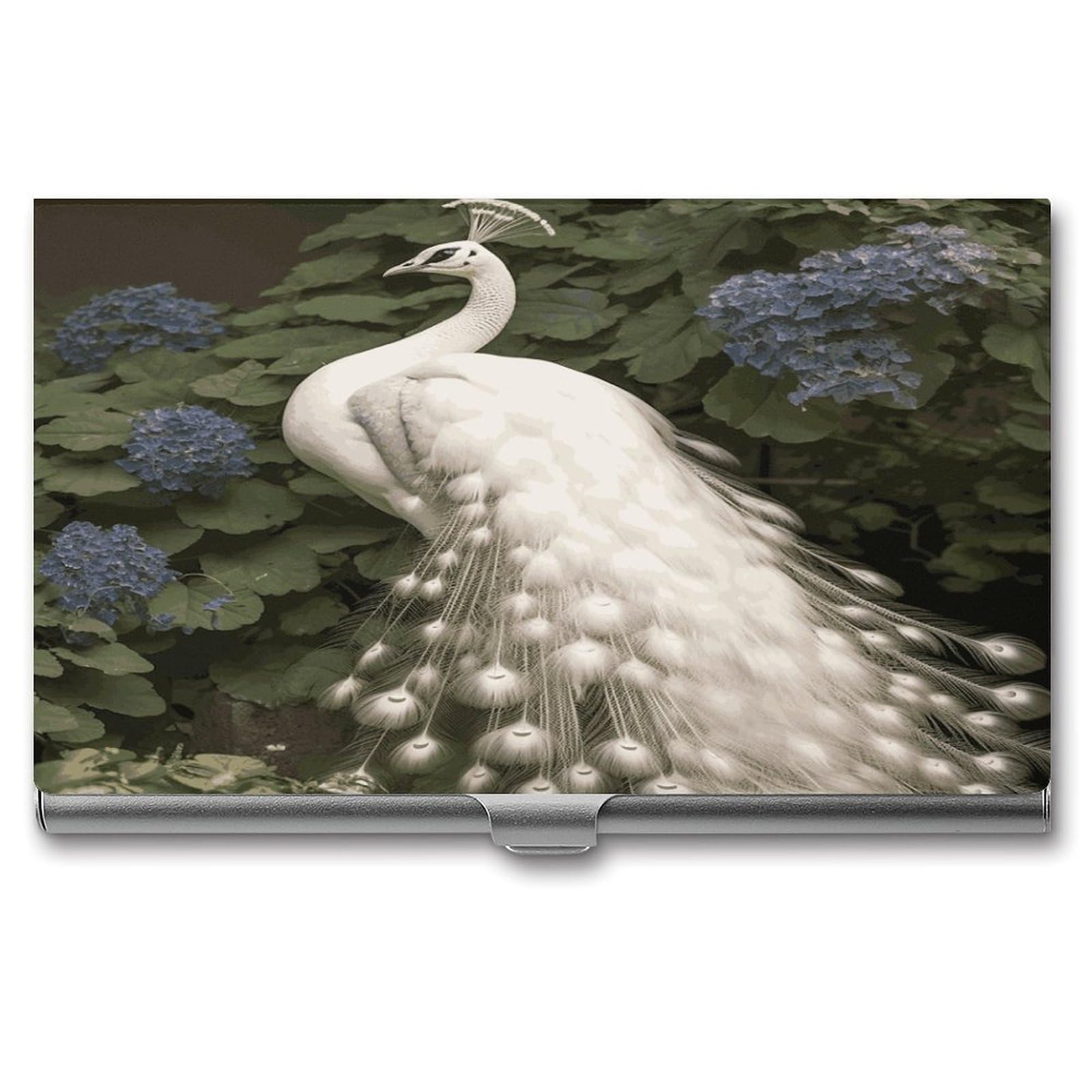 LDGSUPH White Peacock Business Card Holder Fashion Slim Name Card Holder Minimalist Design Case Metal Card Carrier Personalized Business Card Case with Flip for Men Women