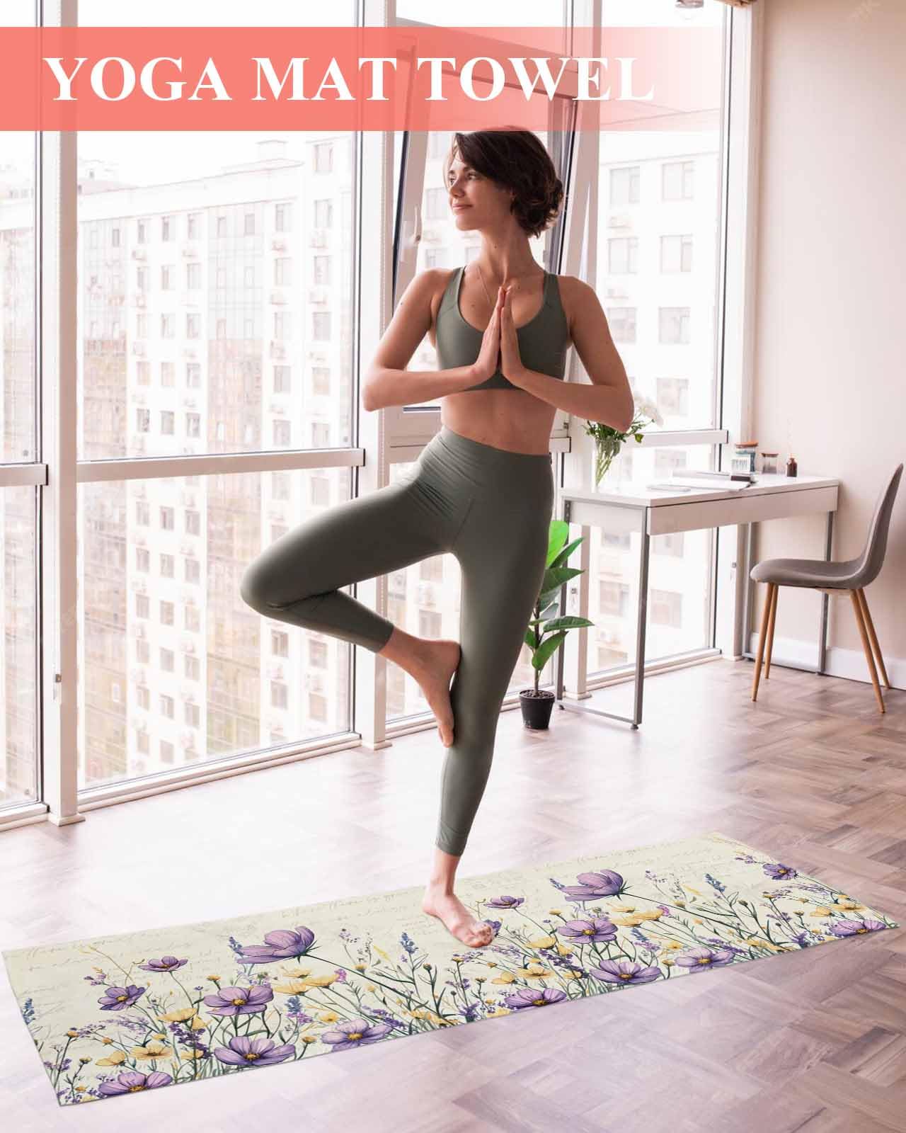 BOSIJOY Yoga Mat Towel,Retro Watercolor Garden Flower Non Slip Sweat Absorbent Hot Yoga Towels with Corner Pockets,Floral on Letter Texture Soft Microfiber Towel for Pilates Bikram 70