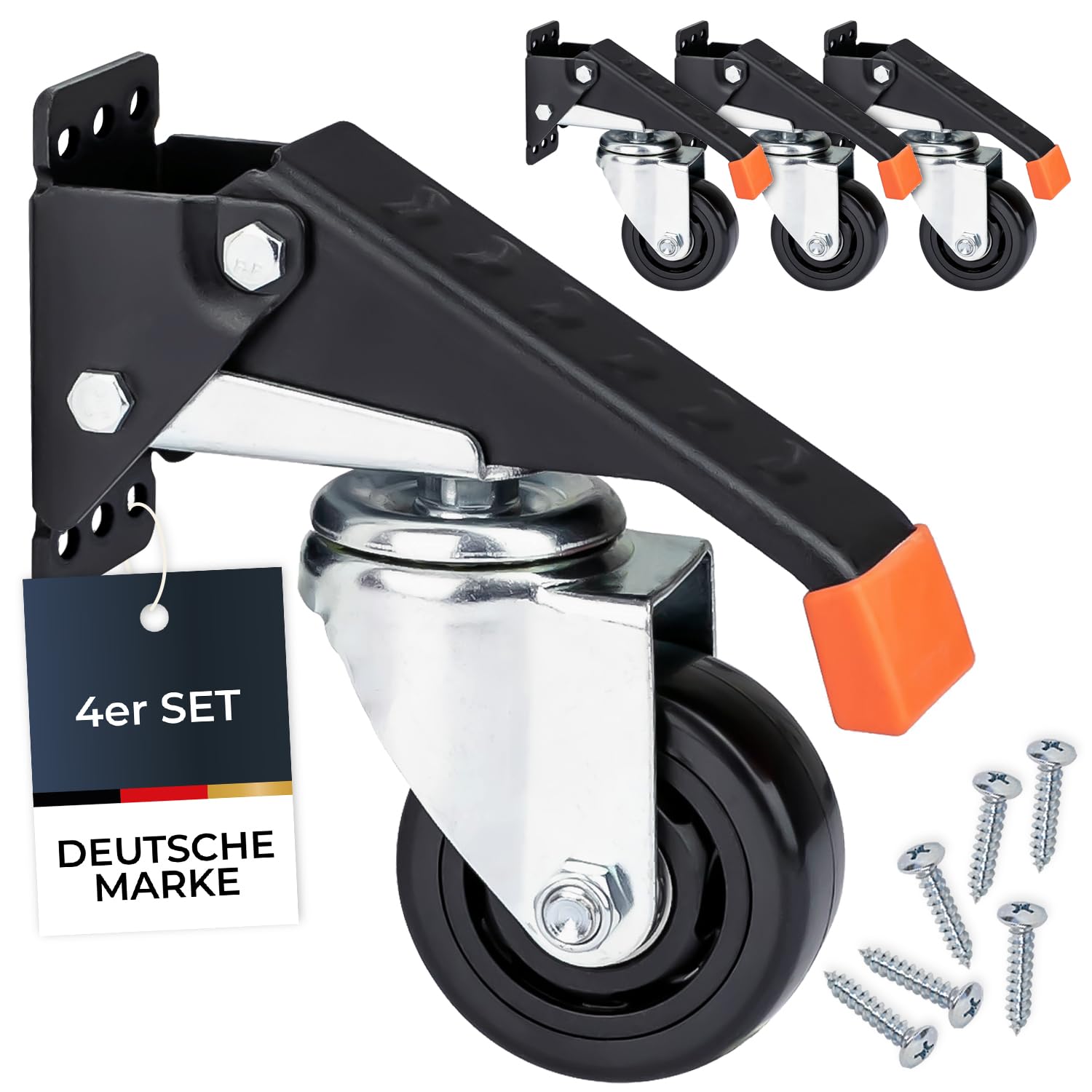 HMF 6750 Schwerlastrollen absenkbar für Werkbank | 4 Stück | 76 mm | bis 400 kg | Polyurethan, Schwarz
