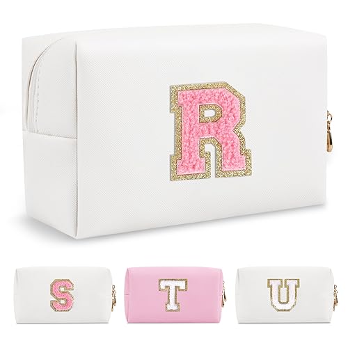 Bolsa de maquillaje personalizada con inicial A-Z, pequeña bolsa de cosméticos de viaje de piel sintética con cremallera, bonita bolsa de aseo