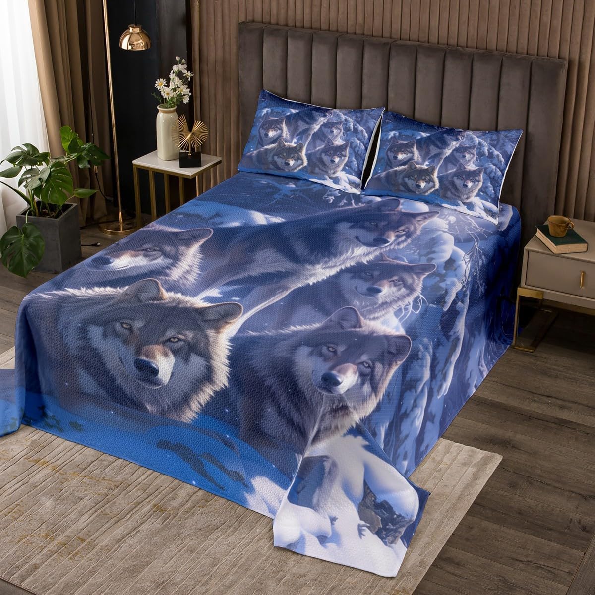 Wolf Rose Bedspread Queen Size,White Wolves Floral Bedding Set for Kids Teens Adults Room Decor,Vivid Animal Blossom Flower Quilt 3Pcs,Pink Blossom Wildlife Boho Coverlet Set,2 Pillowcases