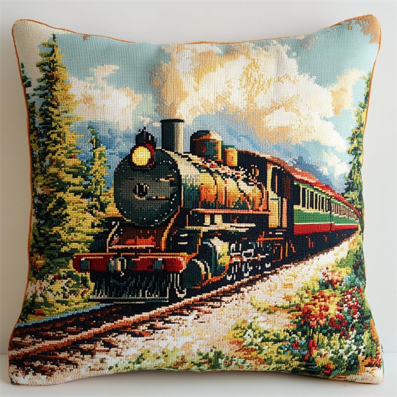 Walluminati 11CT Stamped Embroidery Pillowcases, Moving Train Cross Stitch Cushion Cover Embroidery Kit Embroidery Pillow Cases Needlepoint Kits for Adults Beginners 18x18inch