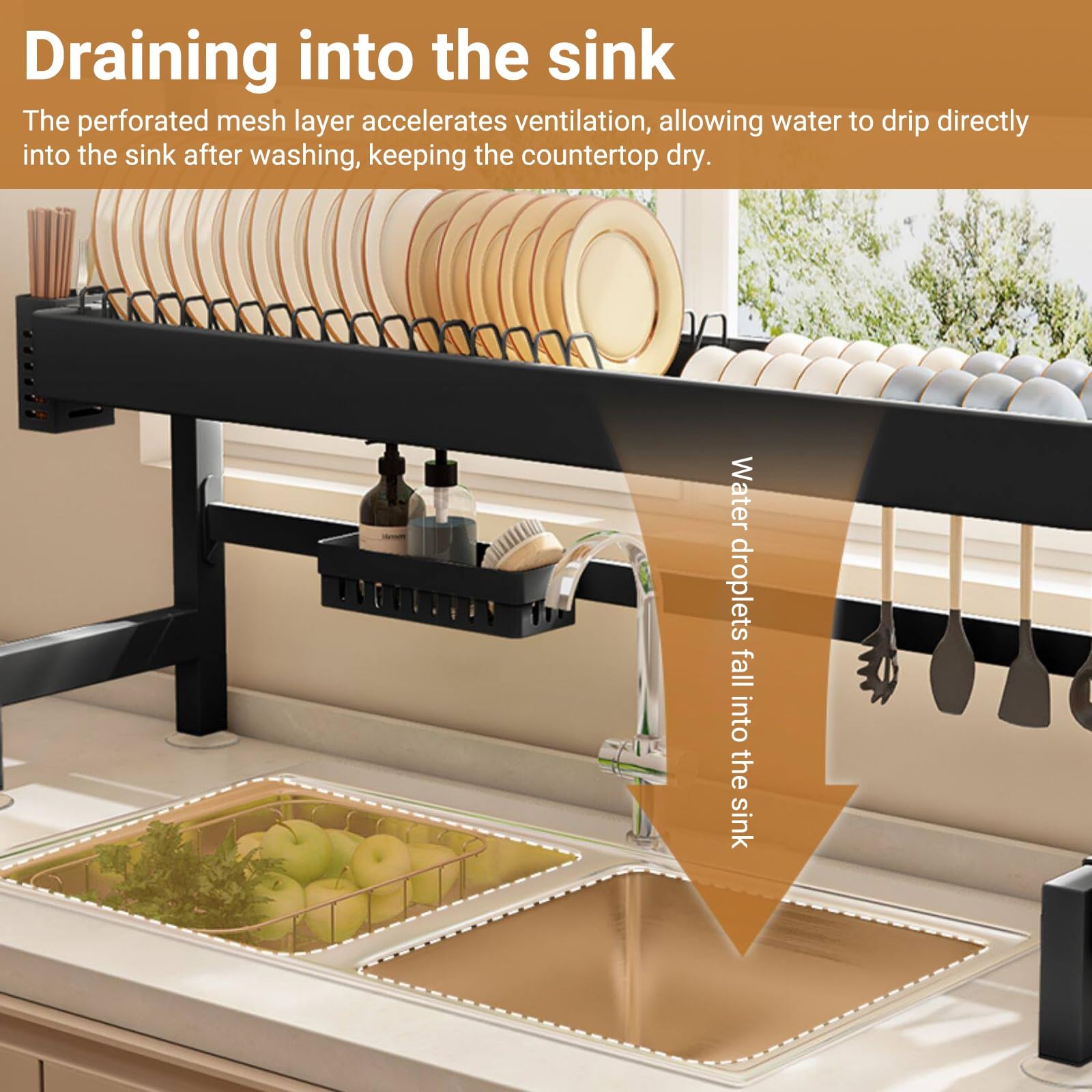 Escurridor de platos sobre fregadero, acero al carbono de 2 niveles con soporte extraíble para cubiertos, diseño que ahorra espacio para platos, vasos y cubiertos