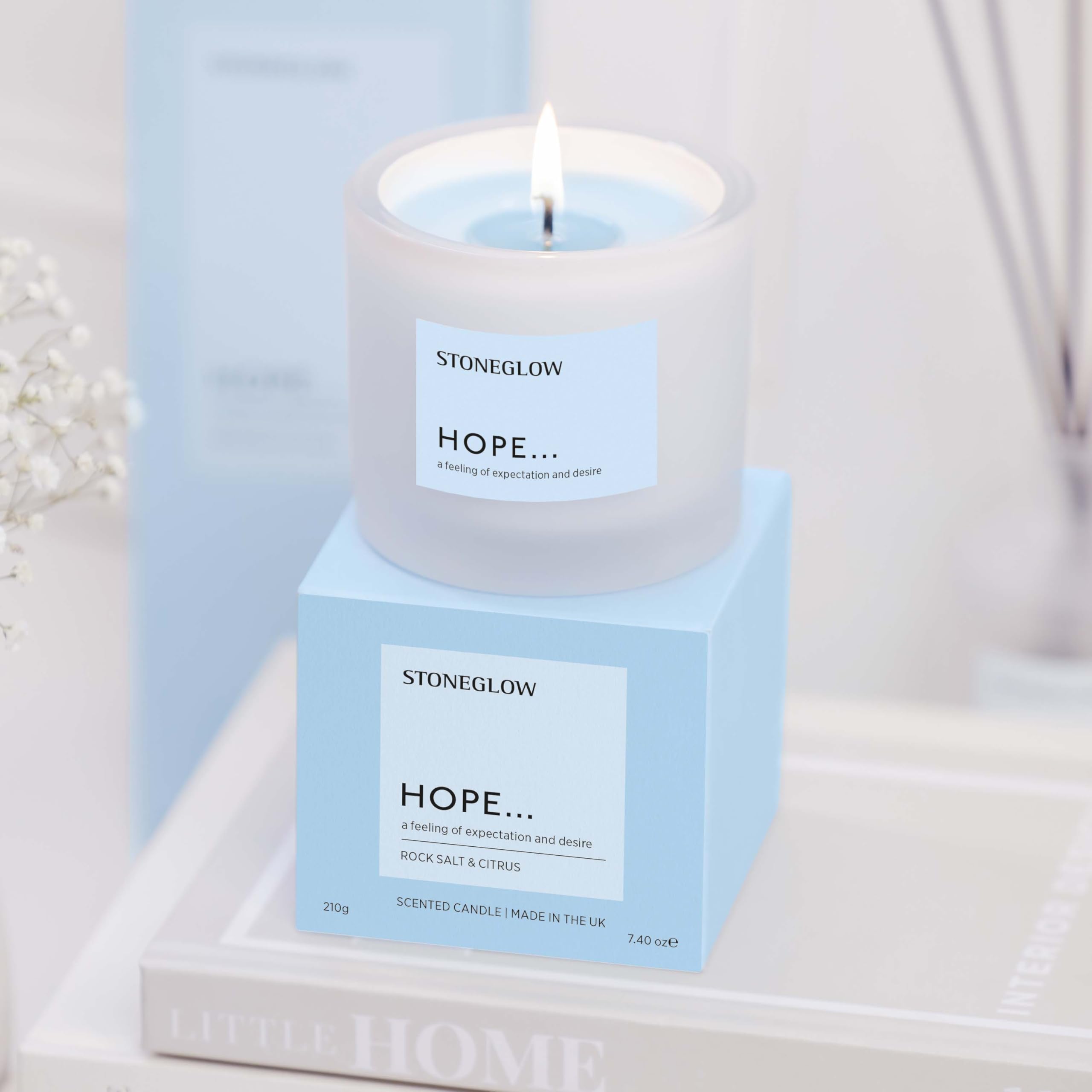 Stoneglow Affirmations – Hoffnung – Steinsalz und Zitrusfrüchte – Duftkerze im Tumbler (79 x 89 mm), Kokosnuss- und Rapswachsmischung, blaue Kerze, 40 Stunden, Bergamotte, Patchouli, Lavendel