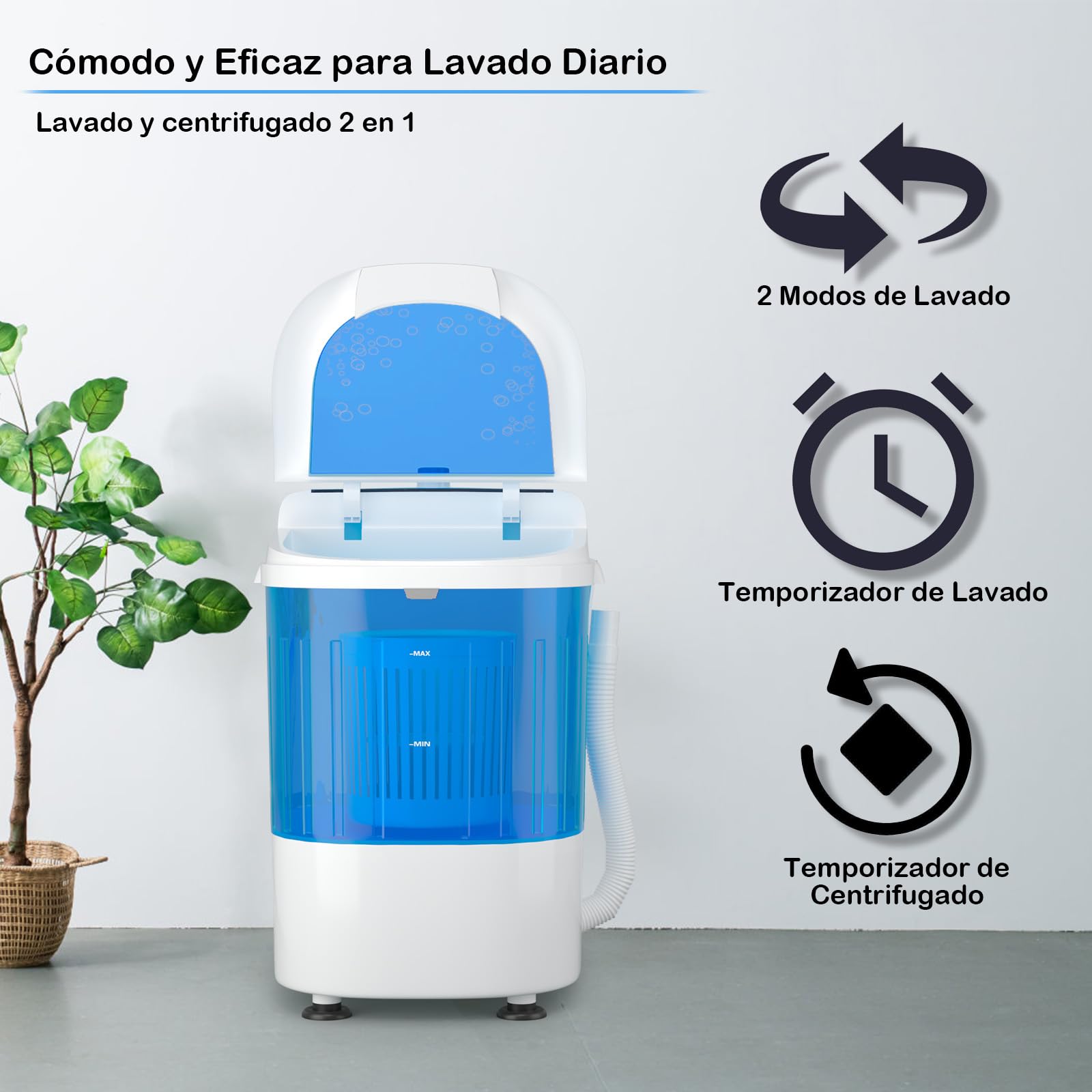GOPLUS Mini Lavadora, Lavadora Semi-Automática Compacta y Portátil, Lavado Rápido en 10 Minutos, Capacidad de Lavado de 2kg, para Apartamentos y Dormitorios, 36x34x51CM, Azul+Blanco