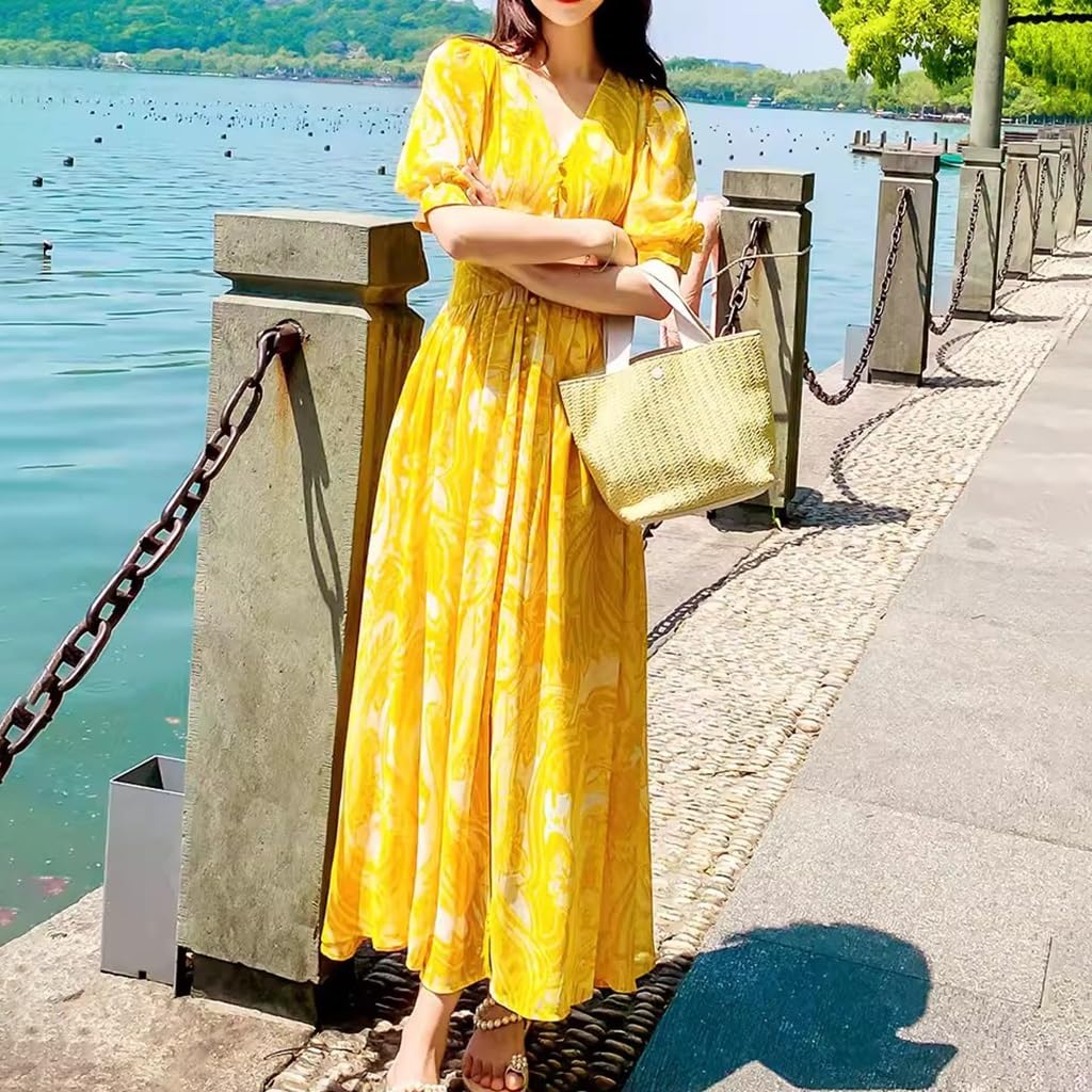 Elegante Abito Francese con Stampa Floreale, Abito Lungo da Spiaggia A Vita Alta con Scollo A V Estivo, Maniche Corte/Festa di Compleanno