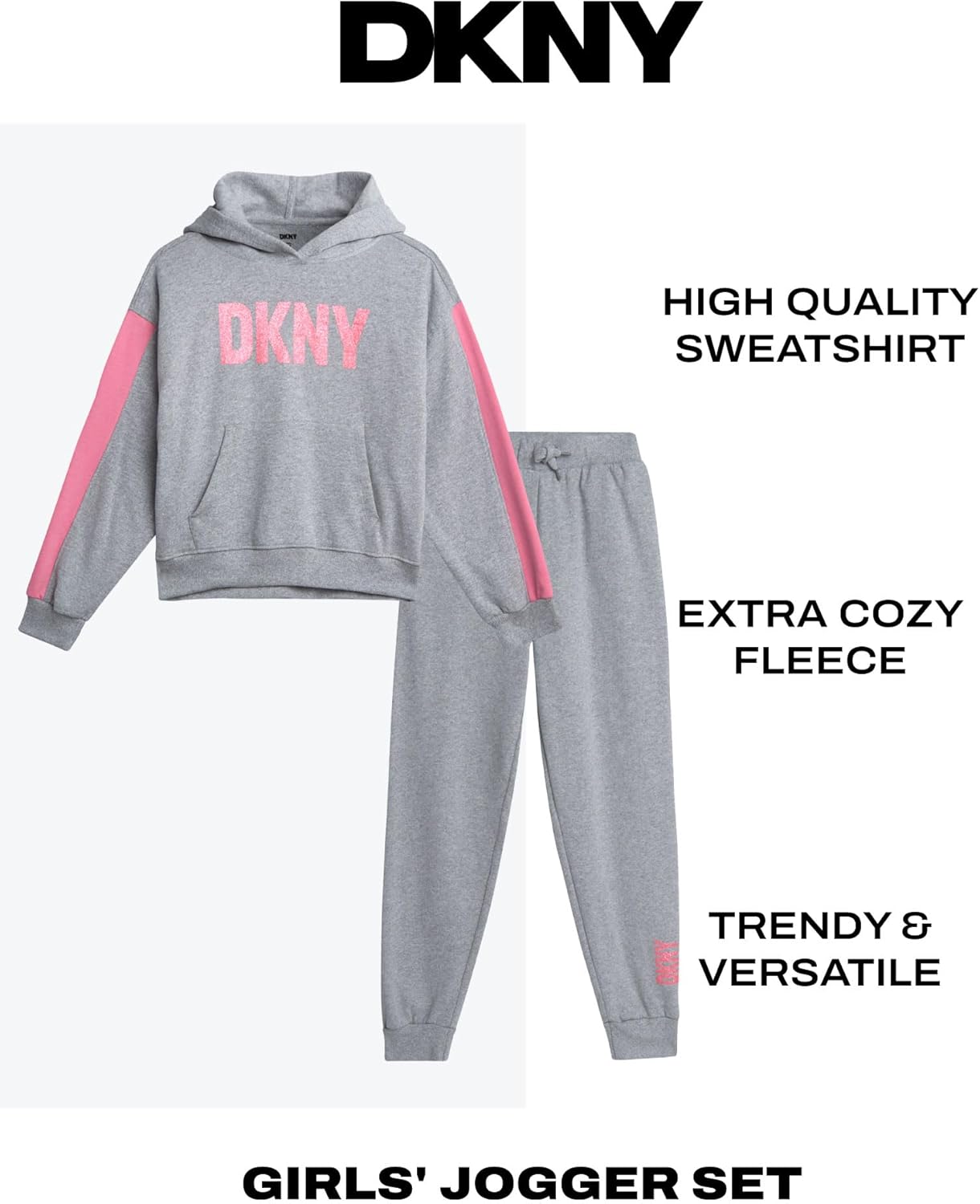 DKNY Girls Jogger Set - 2 Piece Soft Fleece Athletic Pullover Hooded Kids Sweatshirts and Jogger Sweatpants for Girls - Image 2