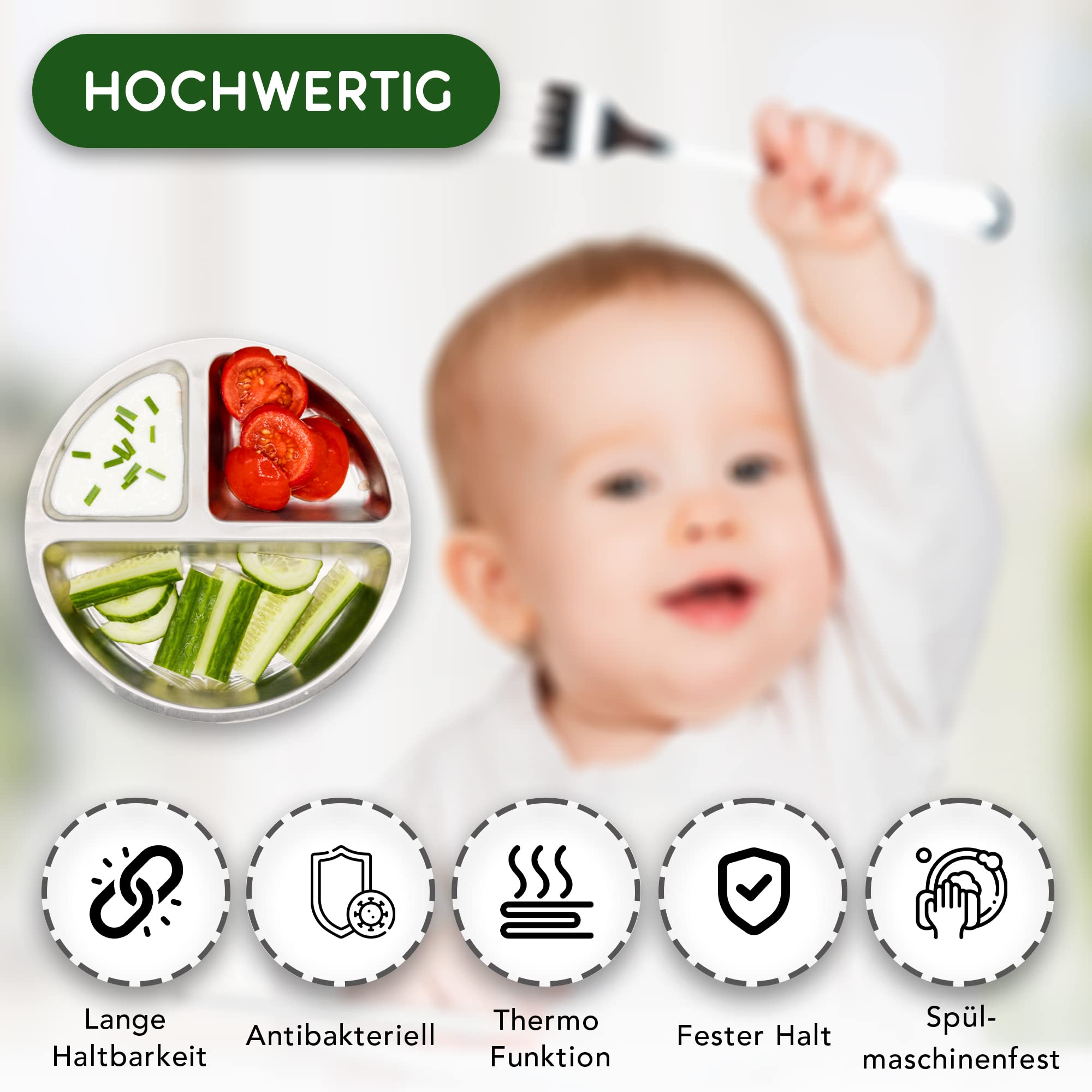 Rilli Assiette à ventouse en acier inoxydable - Vaisselle antidérapante pour bébé - Vaisselle à ventouse pour bébé (gris)