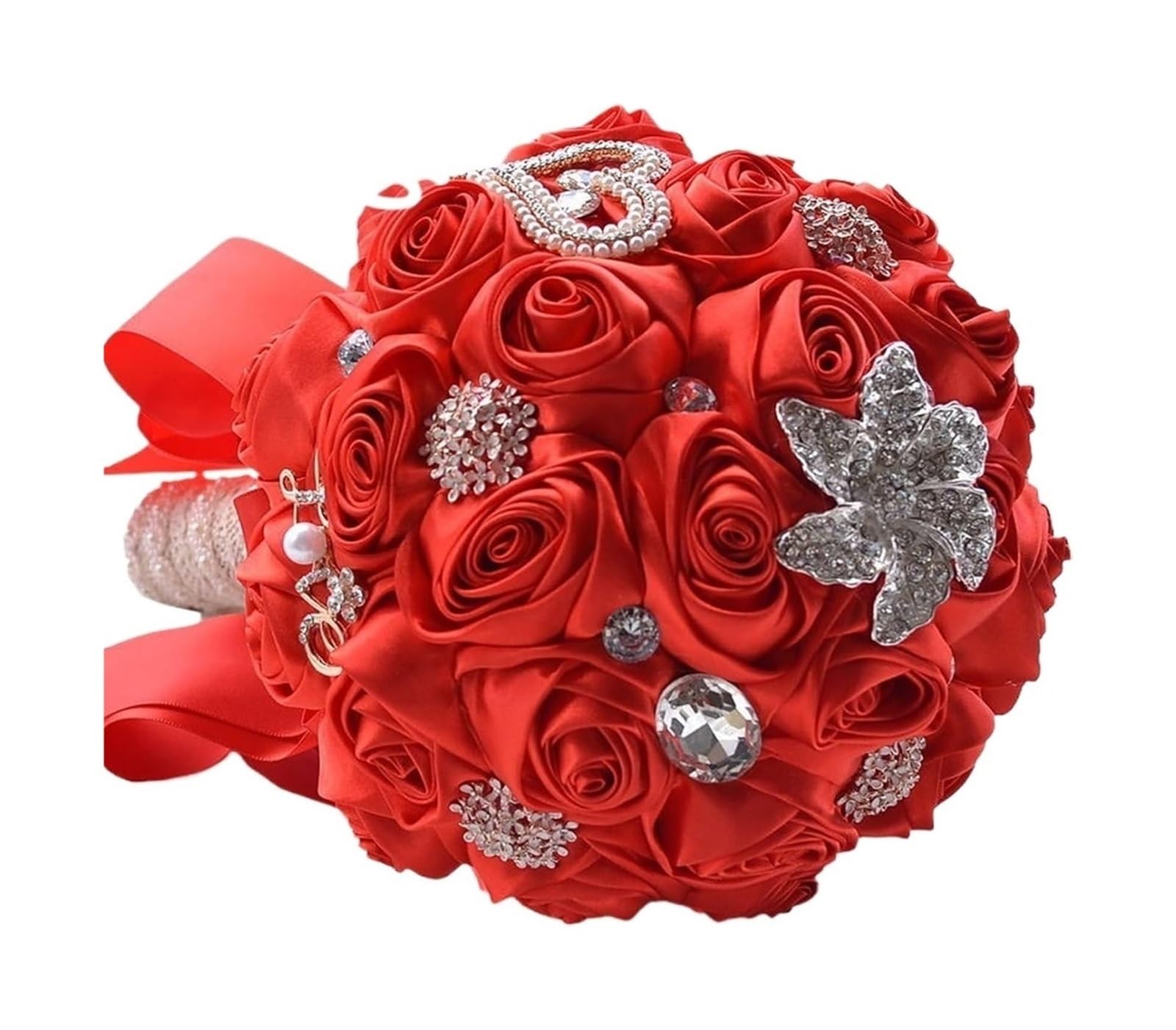 HIFRQVVC Wedding bouquets with handles, Bridal Wedding Bouquet Multicolor Artificial Satin Rose Crystal Brooch(Red)