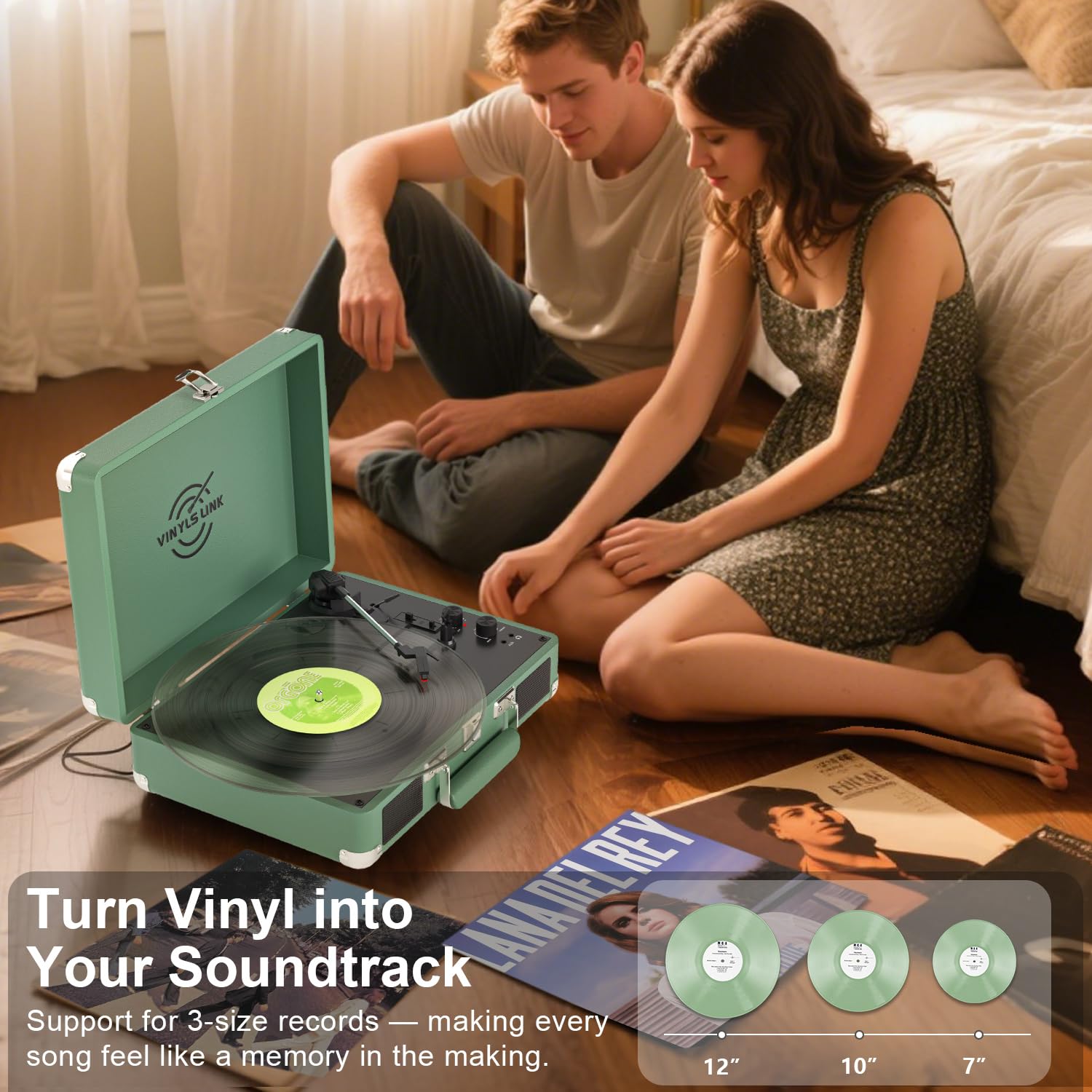 Vinyls Link Plattenspieler mit integrierten Dual-Lautsprechern und Basssteuerung, 3-Gang-Bluetooth, tragbarer Koffer-Plattenspieler, Vintage-LP-Player, unterstützt