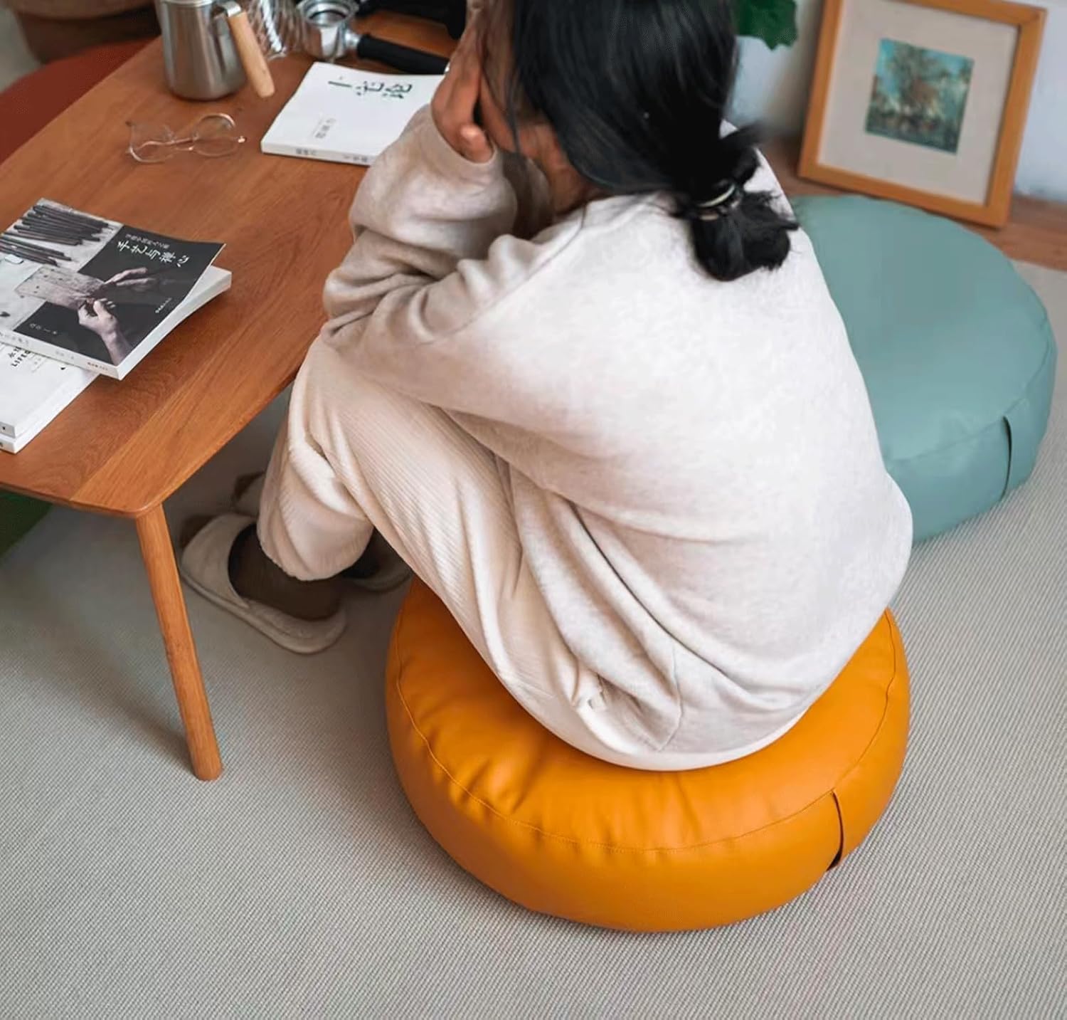 Large Tatami Floor Pillow,Japanese Round Futon, Seat Cushion,Solid Color Floor Cushion,Yoga Meditation Cushion Balcony Outdoor(Size:40×12cm,Color:Blue Gray Color)