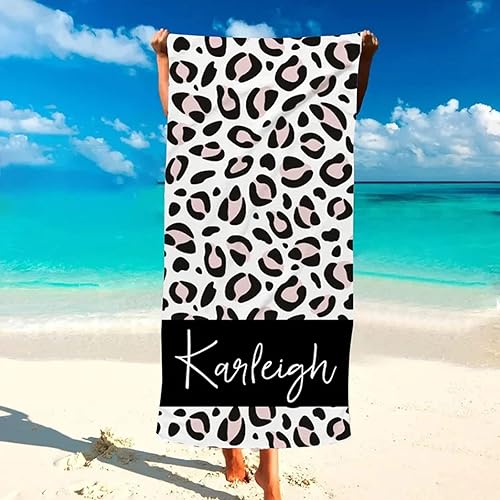 Toallas de playa personalizadas para adultos con estampado de leopardo, personalizada con nombres, toalla de playa de leopardo, grande, para niños,
