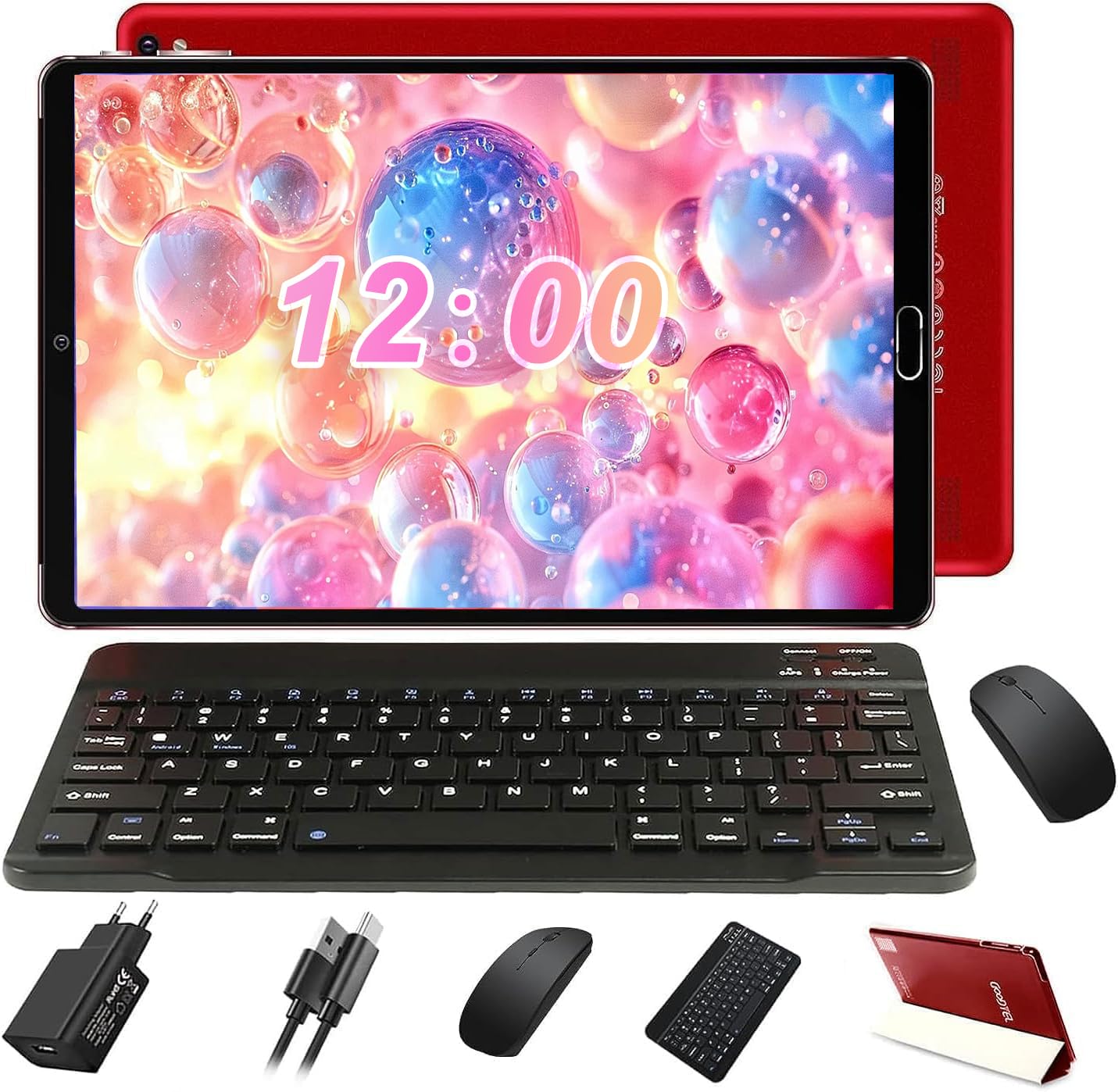 GOODTEL 2025 Tablet Android da 10 pollici 4GB RAM + 64GB ROM | 8000mAh | Doppia fotocamera 5 + 8 Megapixel | Bluetooth | WiFi | MicroSD 4-256 GB, Tipo C, OTG con custodia, tastiera e mouse - Rosso