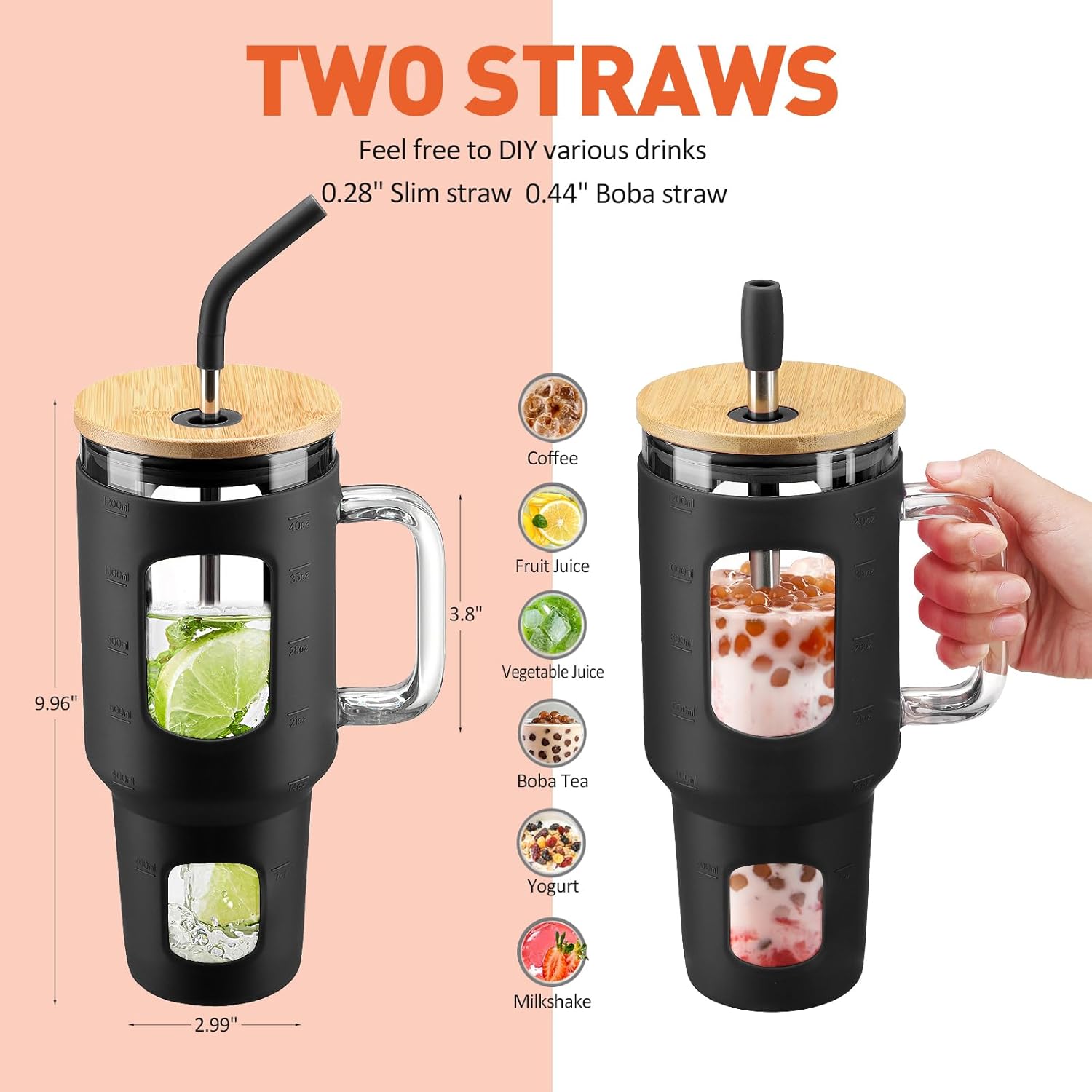 Glass Tumbler with Straw and Lid, 40 oz glass cup with handle, Glass Water Bottles with Time Marker, Silicone Protective Sleeve-Black - Image 4