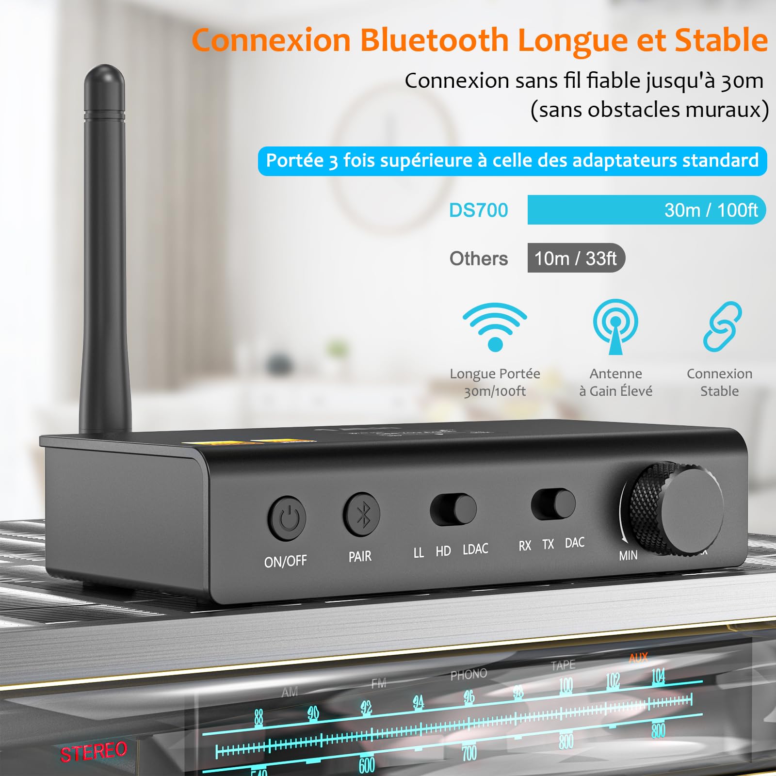 1Mii DS700 LDAC Transmetteur Récepteur Bluetooth avec DAC Audiophile | HiFi Adaptateur Audio sans Fil pour TV/Chaîne Stéréo, aptX HD/LL, Diffusion vers Stéréo Domestique Vintage/Casques Bluetooth
