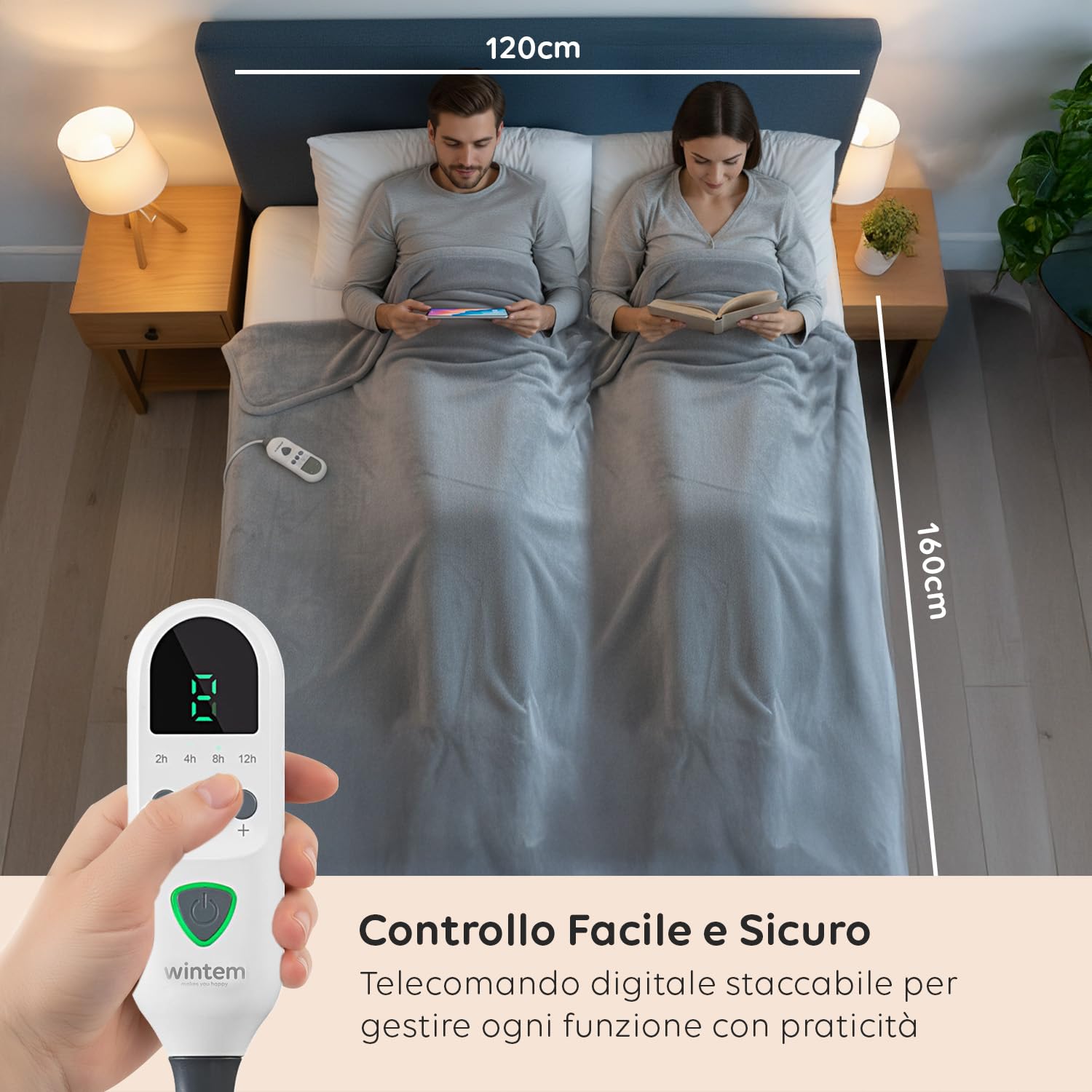 Wintem - Coperta Termica Elettrica Fluffy con 8 Livelli di Temperatura Termocoperta Maxi 160x120 cm in Flanella per Letto e Divano