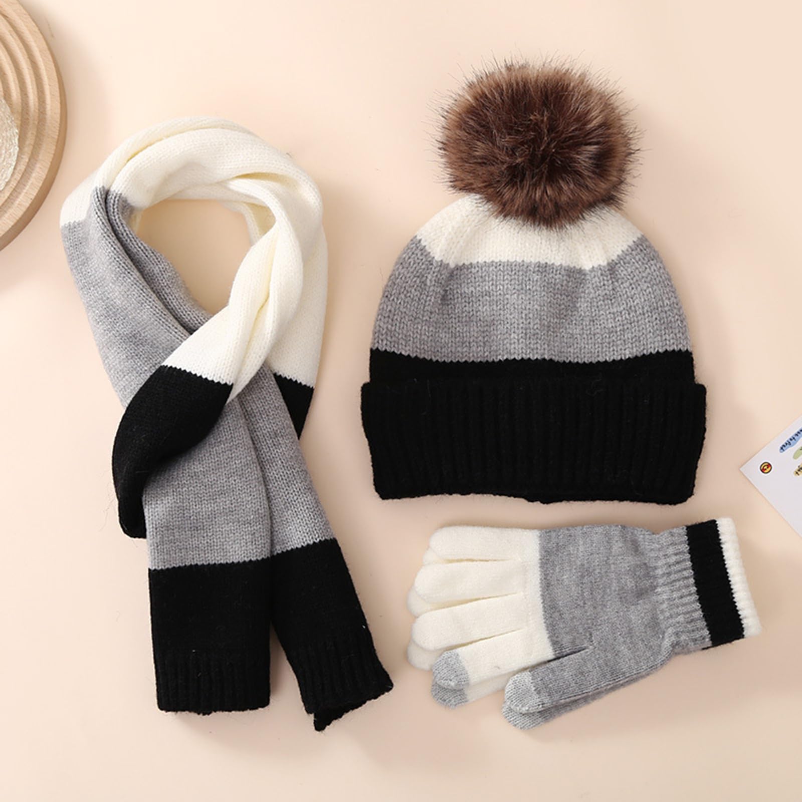 Juego de gorro, bufanda y guantes para niños, gorro de invierno con pompón y gorro de punto cálido para niñas y niños, gorro de invierno, bufanda y guantes