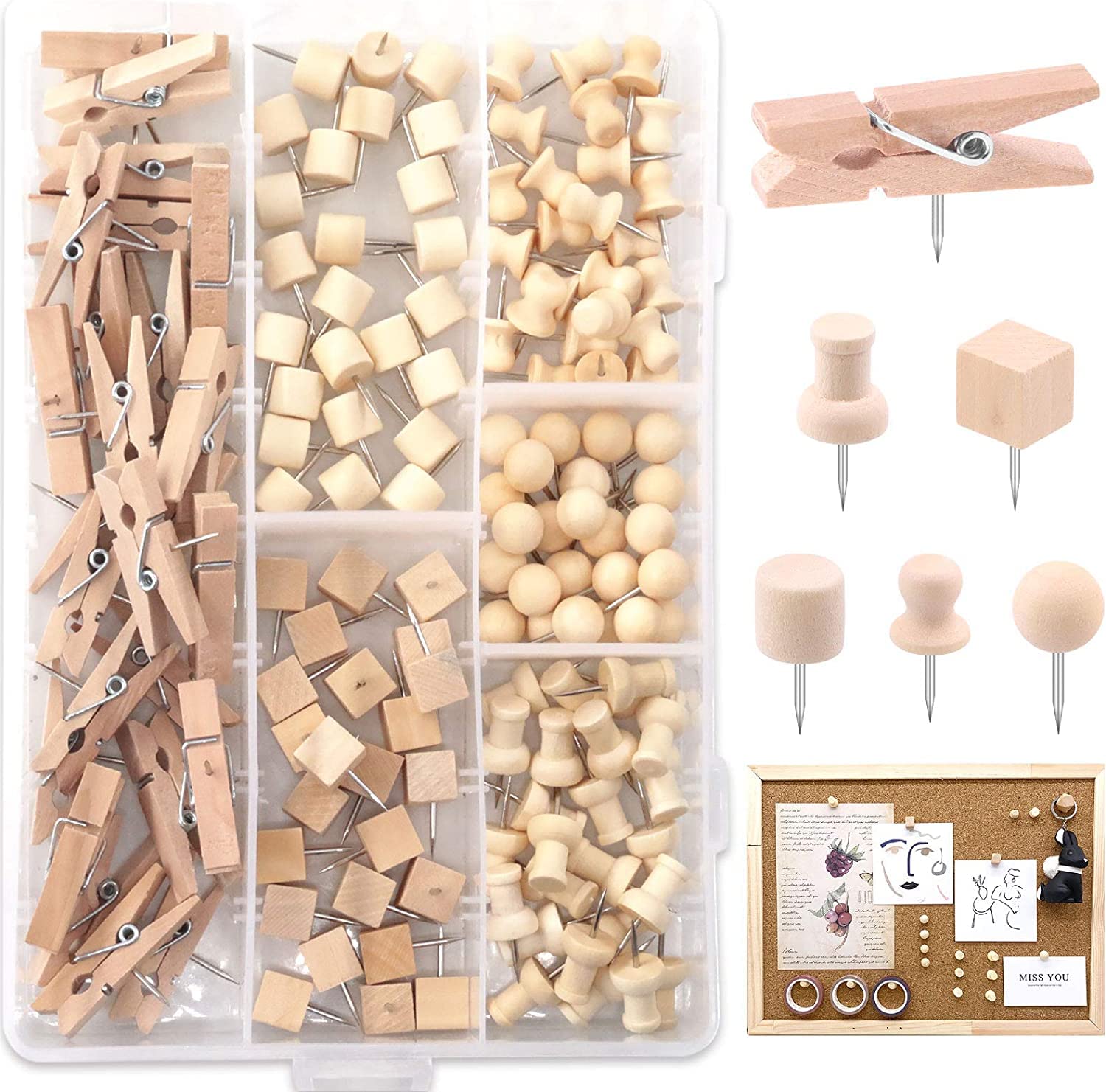 Wood Push Pins Assortment Kit Wooden Head Pins Steel Thumb Tacks Clips Push Pins Wooden Thumb Tacks Decorative for Cork Boards Map Photos Calendar Home Office Craft Projects with Box, 135Pcs 6 Types