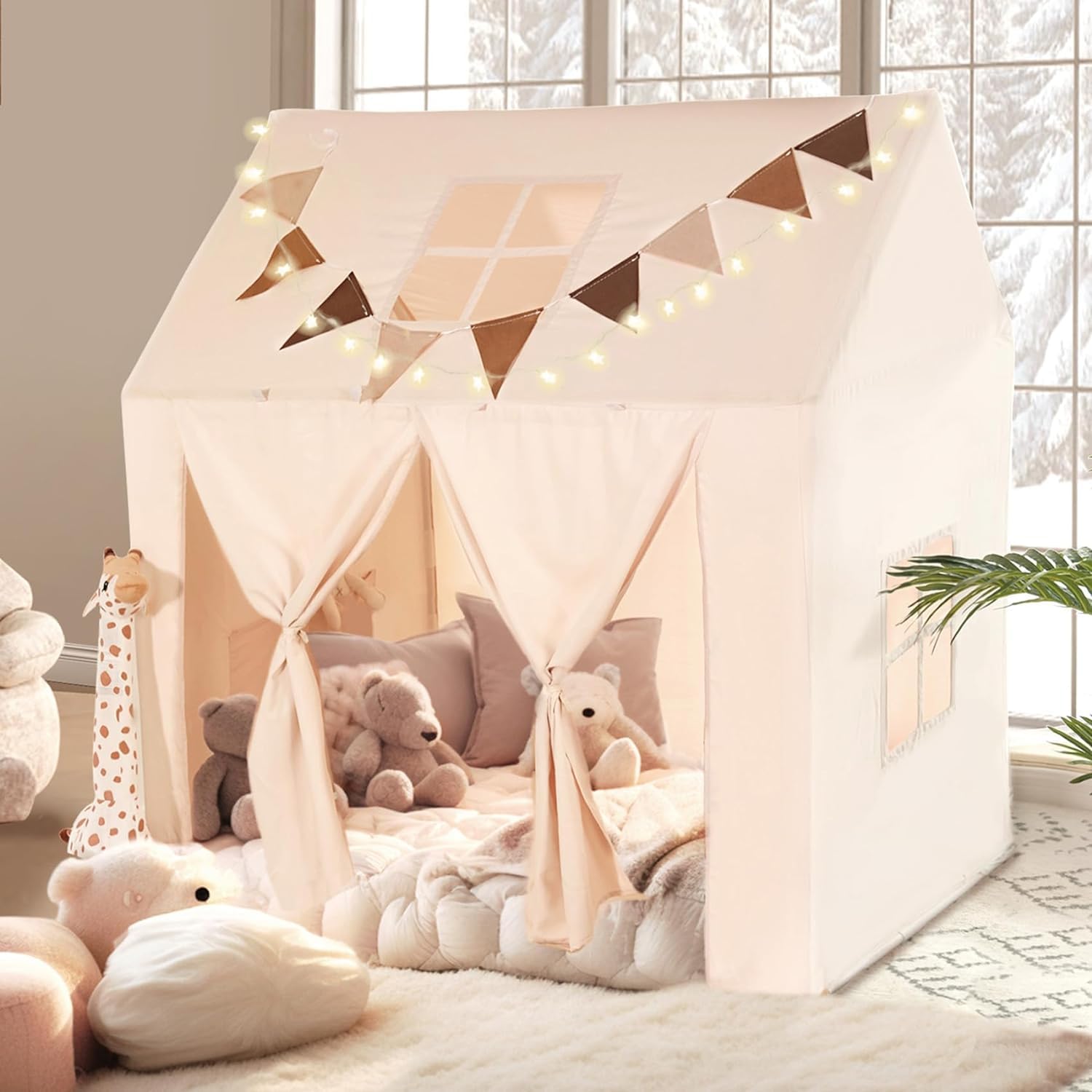 Kinderzelt mit Matte, Spielzelt für drinnen, Spielhaus für Kinder im Freien, Kinderspielzelt mit Fenstern und Aufrollbarer Tür für Jungen und Mädchen, Lichtern und Flaggen, 132 x 90 x 132 cm