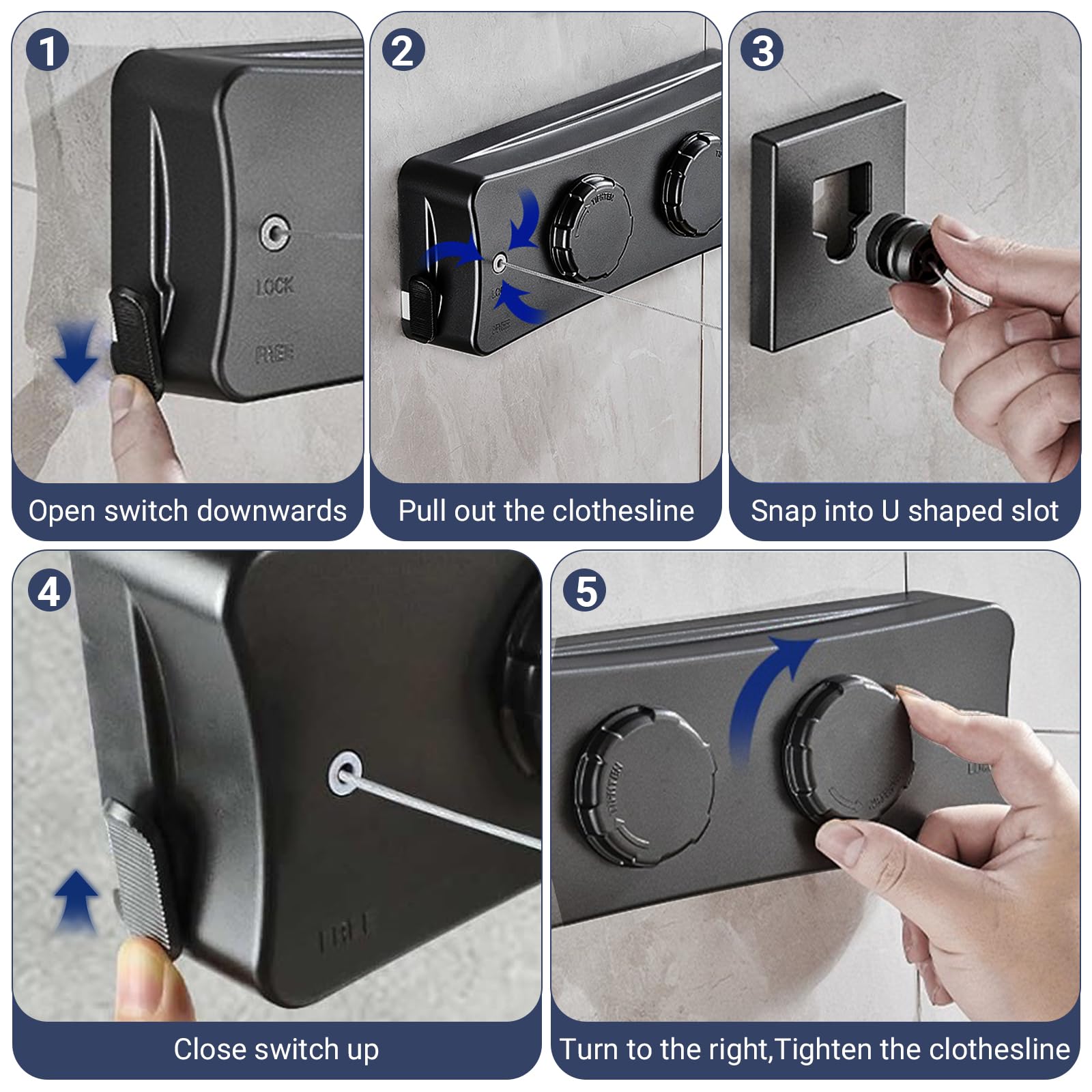 Corde à Linge Rétractable pour Intérieur et Extérieur, 2 x 5.1M Acier Inoxydable Fil a Linge Retractable, Étendoir à Linge Gain de Place (Noir)
