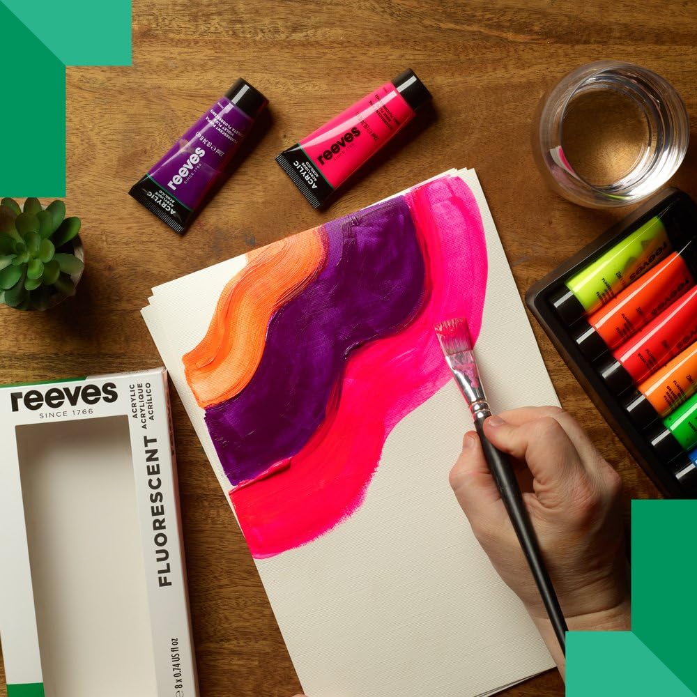 Reeves Yellow/Orange/Pink Acrylic Paint Set – 8 X 22Ml Tubes - Assorted Fluorescent Colours - Art Supplies For Beginners, Leisure And Recreational Users - Suitable For Multiple Surfaces