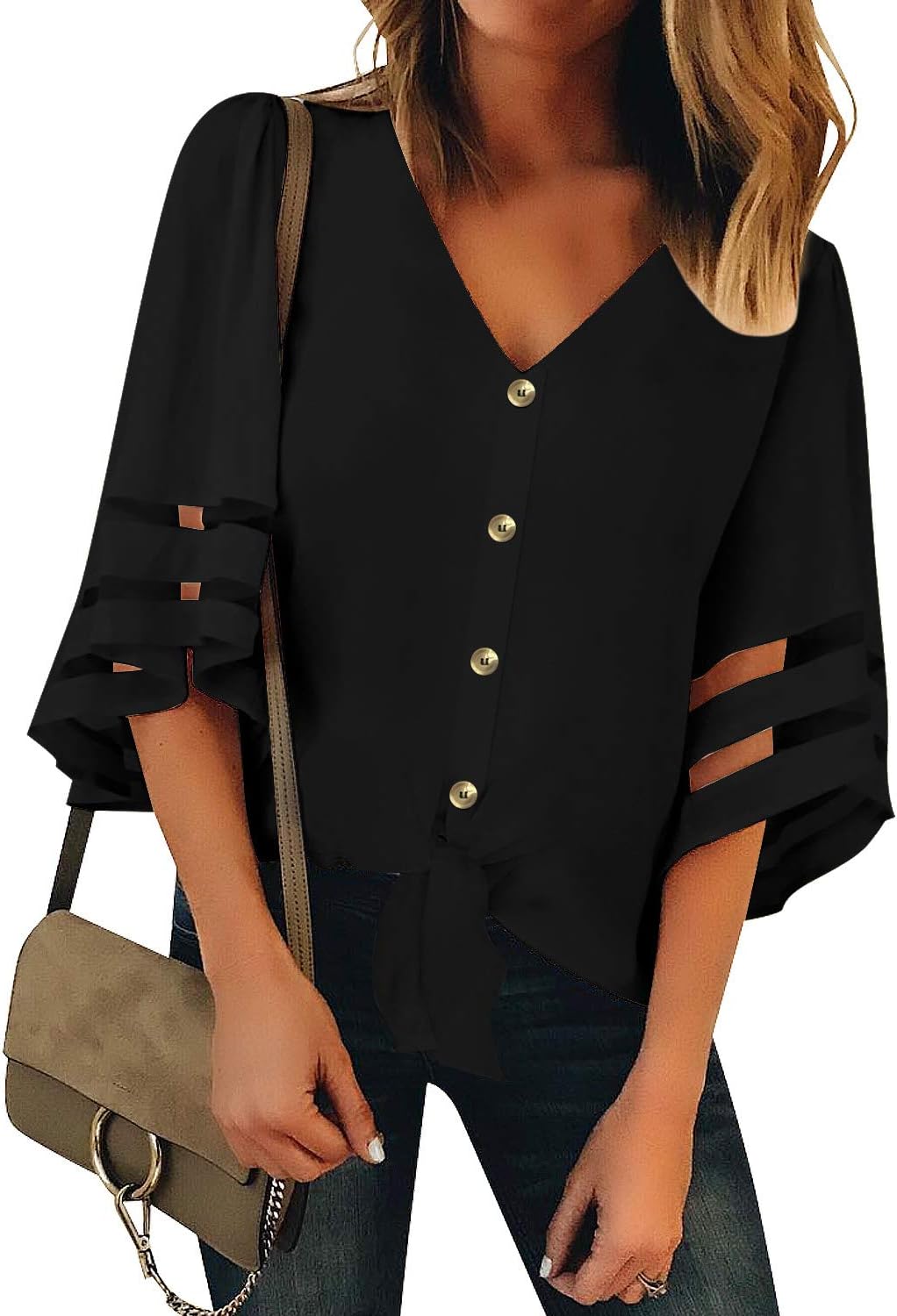 LookbookStore Womens Button Down Tie Knot Mesh Blouse 3/4 Bell Sleeve Loose Tops