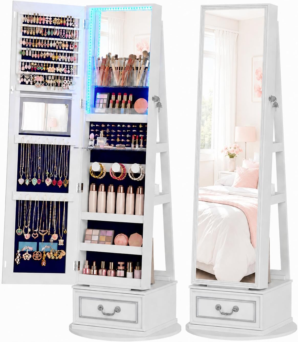 Vlsrka Mirror Jewelry Cabinet Standing with Lights, Lockable, Swivel, White