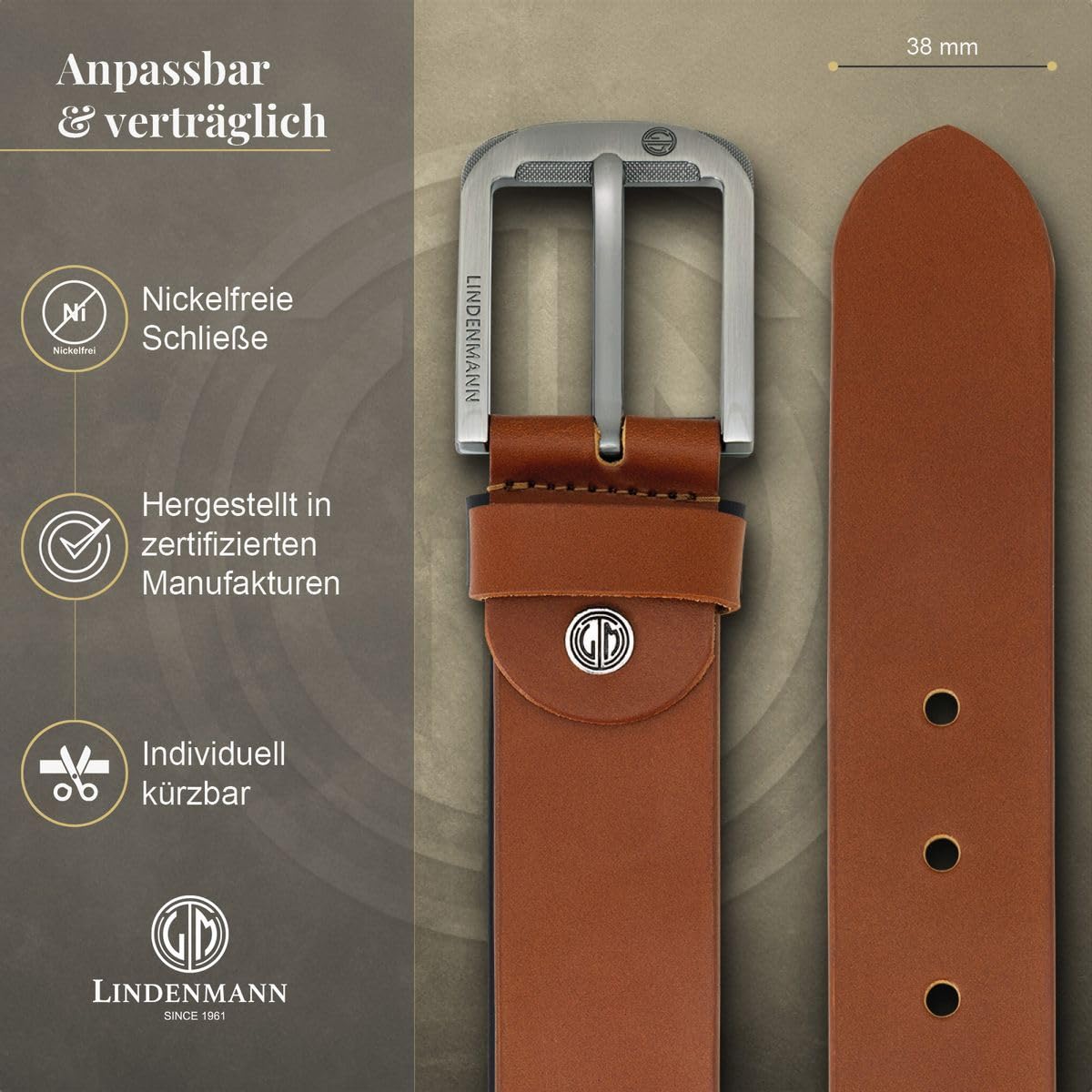 LINDENMANN Herren Ledergürtel Vollrindleder Jeansgürtel cognac