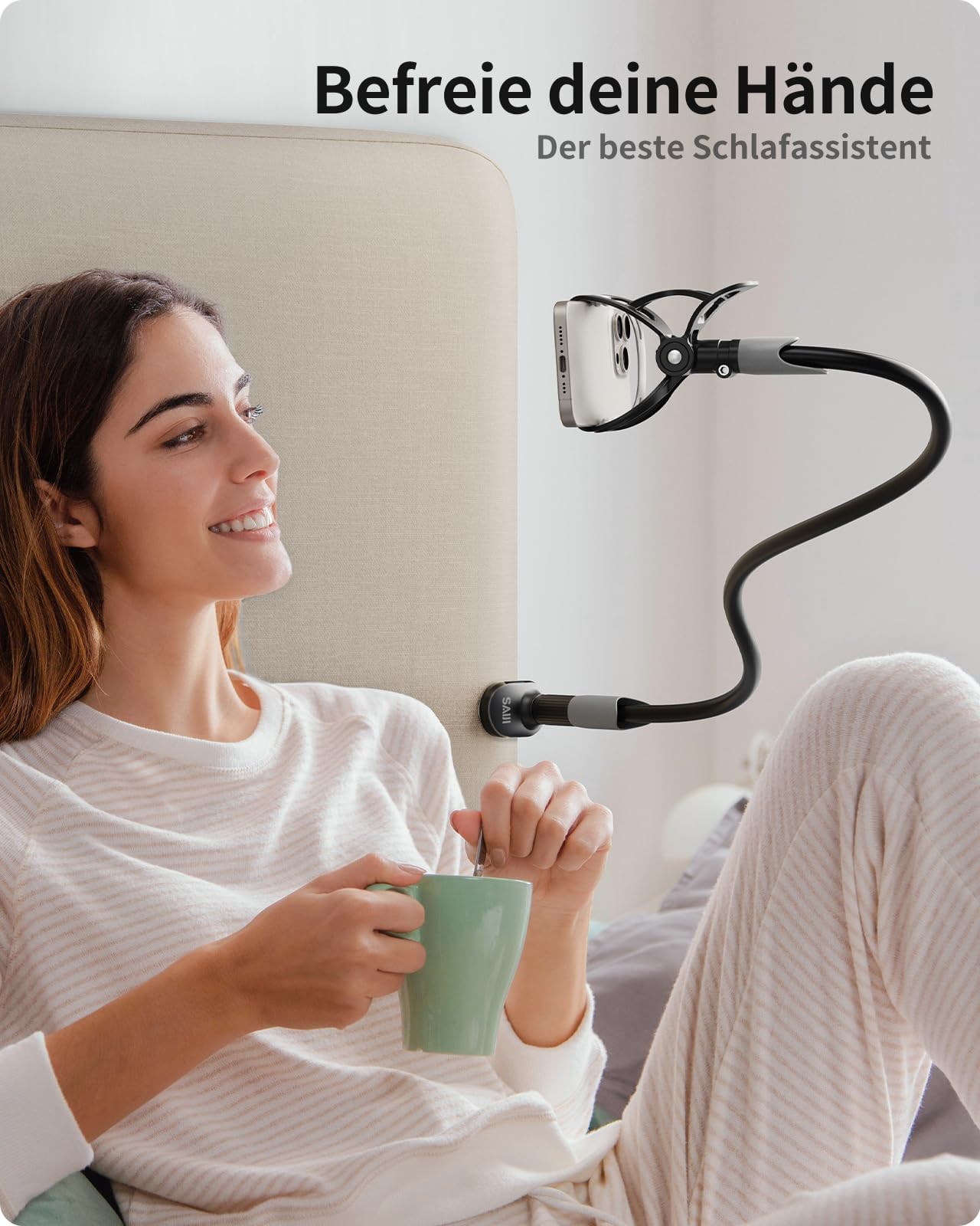 SAIJI Handy Halter für Bett, Schwanenhals Handy Halterung, 360 Drehbare Lang Arm Handy Ständer, für iPhone 17 16 15 14 13 12 Pro, 4"-7" Screen (Schwarz)
