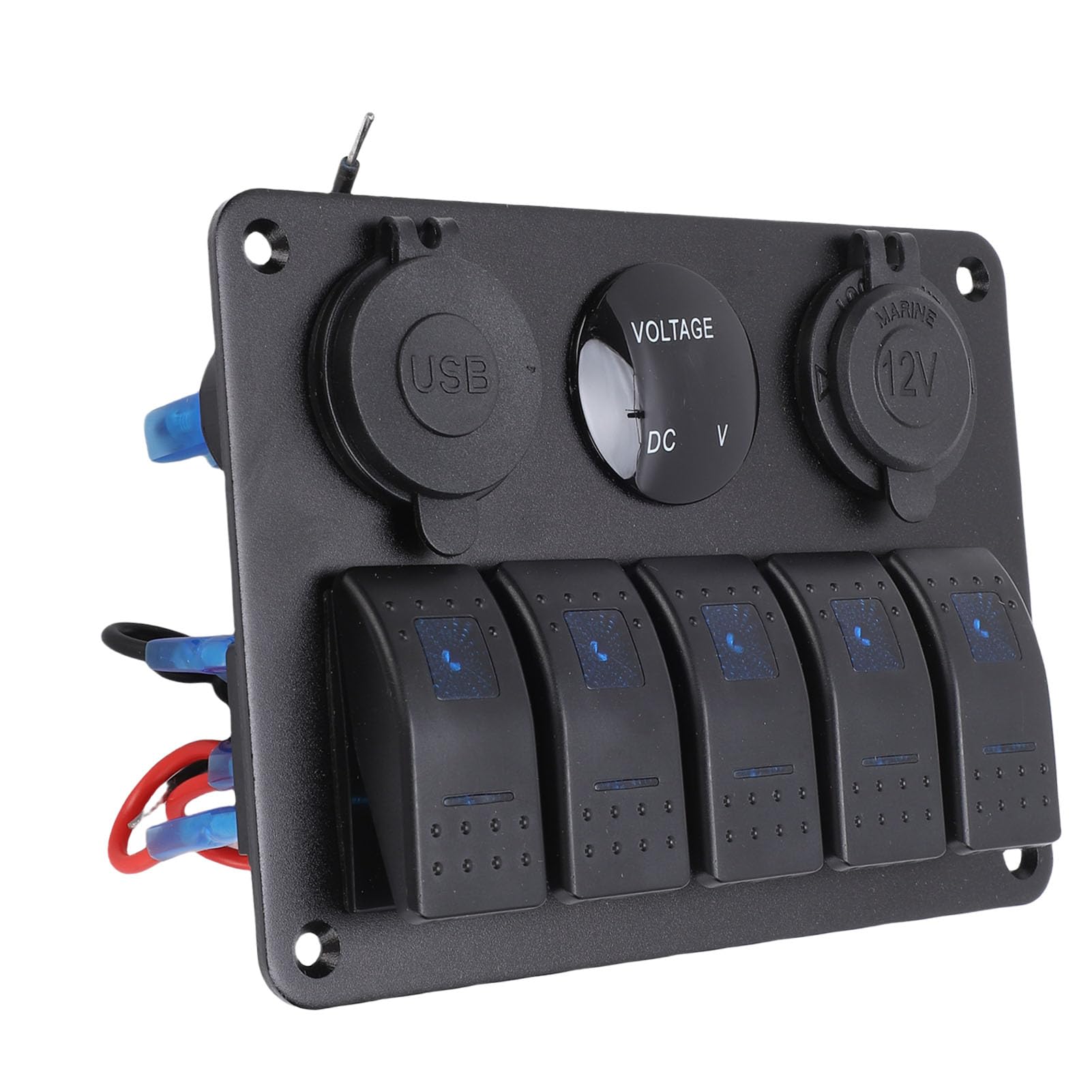Panel Przełączników 5-krotnych, ładowarka z Podwójnym Portem USB, Woltomierz Cyfrowy, Gniazdko 12 V, Aluminiowy Panel Przełączników z Niebieskim Podświetleniem, Idealny do Samochodów