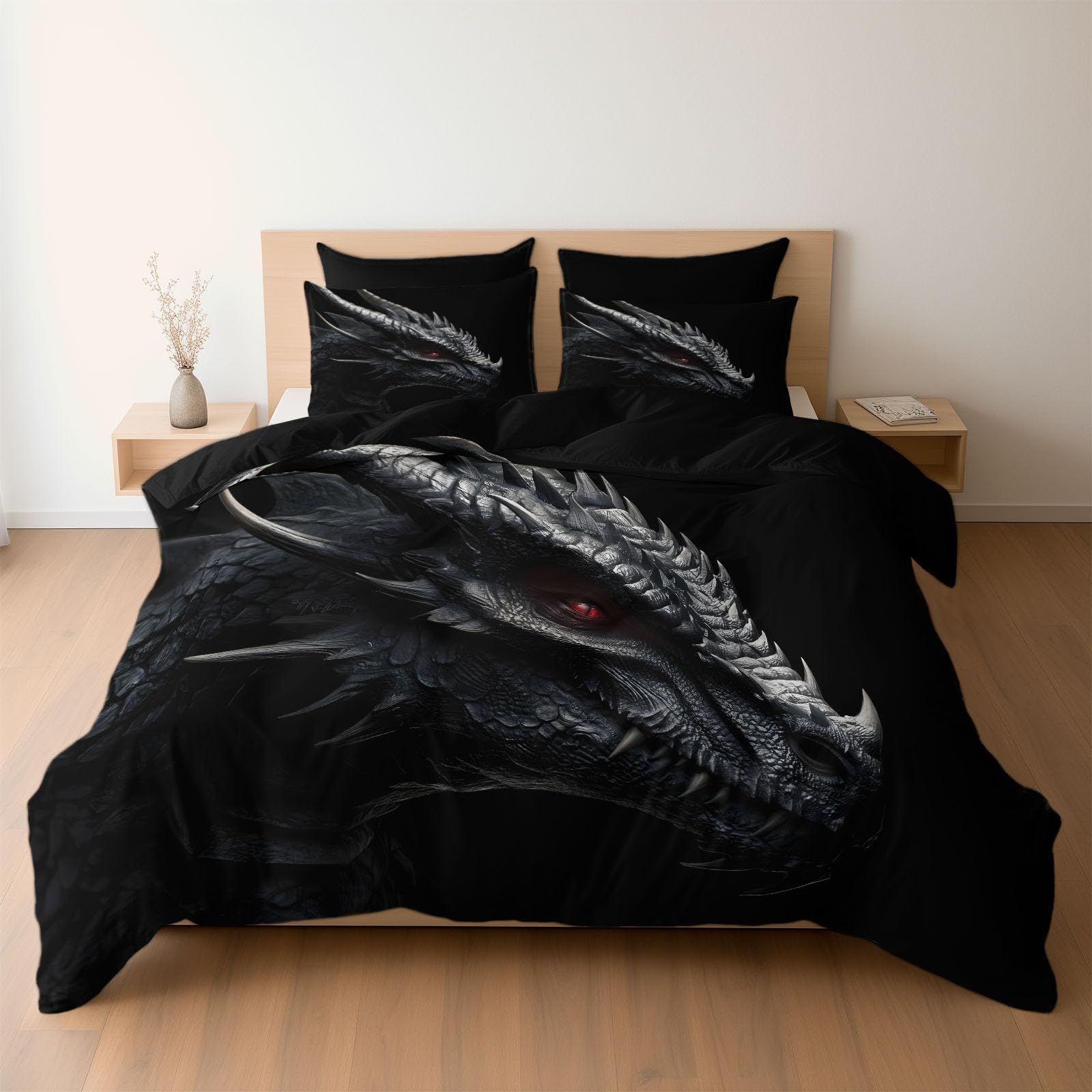 King Duvet Set, Fantasy Black Long-Horned Dragon Premium Brushed Microfiber 230 x 220 cm, Ultra Soft Reversible Luxury Quilt Cover Bedding Set With Zipper Closure, Black