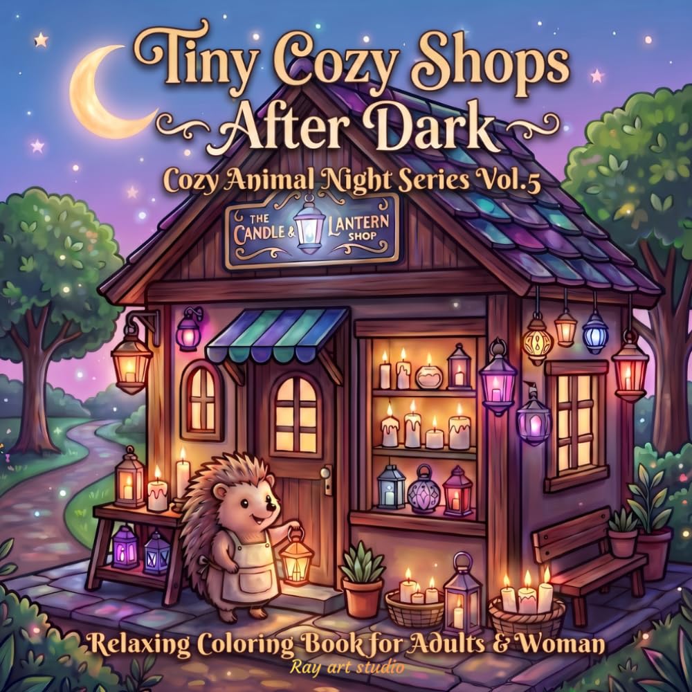 Tiny Cozy Shops After Dark: A Relaxing Coloring Book for Adults and Teens Featuring Cute Animal Shoppers, Charming Storefronts, and Peaceful Nighttime Shopping Scenes (Cozy Animal Night)