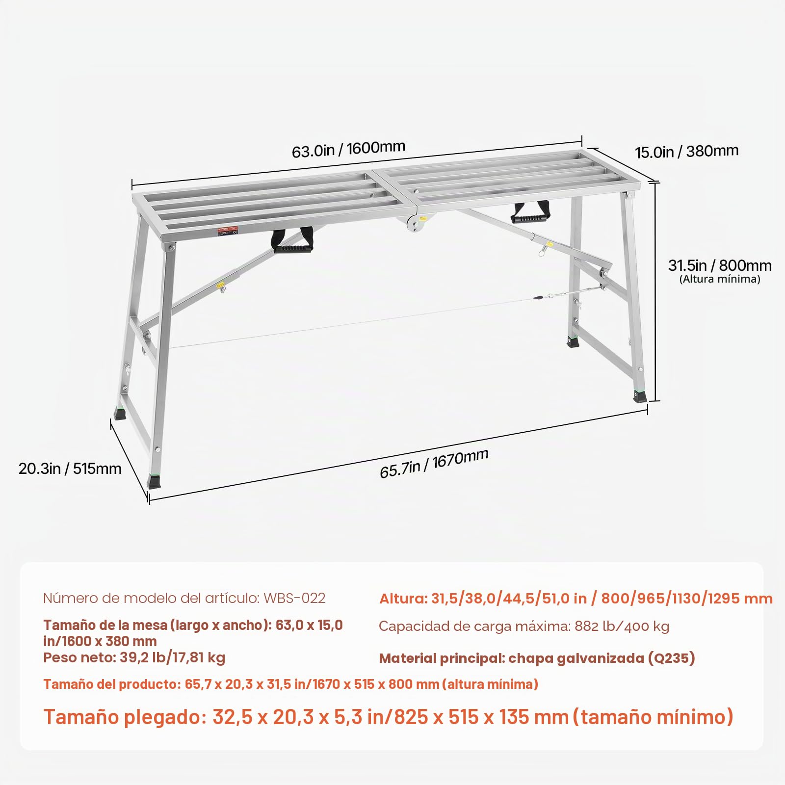 VEVOR Plataforma de Trabajo, Altura Ajustable de 4 Velocidades 80-130 cm, Escalera de Acero de Aleación Plegable, Carga de 400 kg, Pies de Goma Antideslizantes, para Pintar Paneles de Yeso, Limpieza