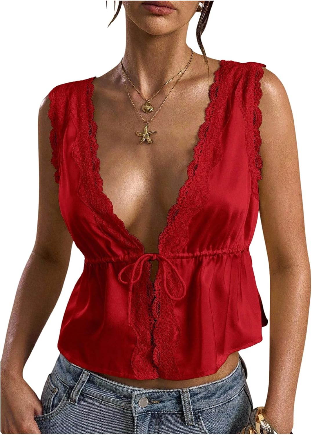 RoseSeek Women's Tie Front Deep V Neck Peplum Tops Lace Trim Sleeveless Satin Crop Tank Top