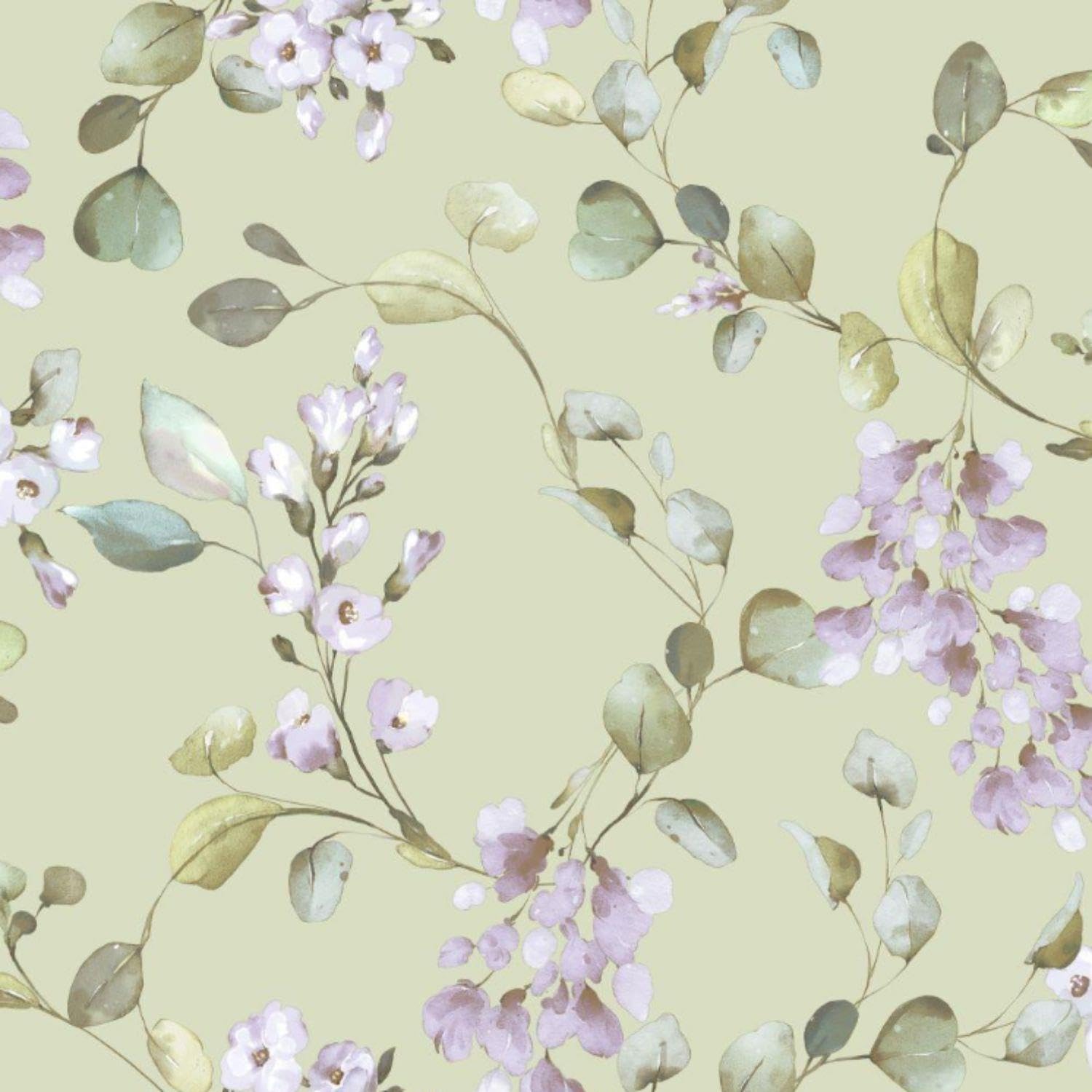 Yöl Sage Green Rosalie Lilac Wallpaper - Blossom Flowers Leaves - Wet Removable - Paste The Paper