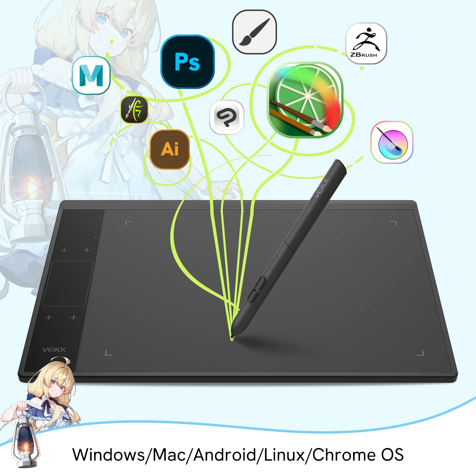 VEIKK A30 Grafiktablett mit Smart Touchpad und 4 Tastenkombinationen, 10x6 Zoll mit batterielosem Stift und 8192 Professionellen Druckstufen
