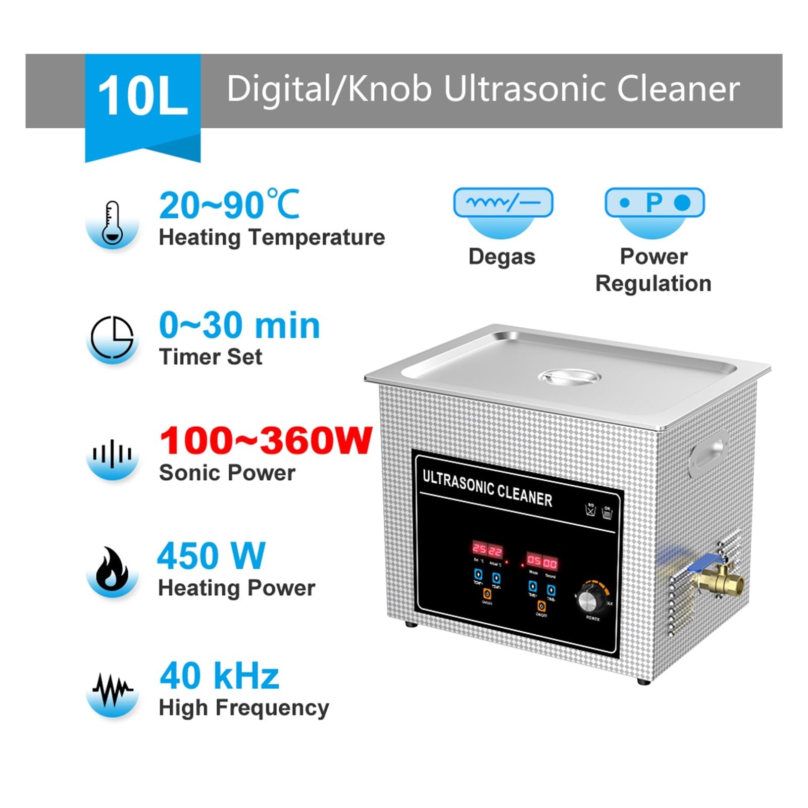 Limpiador de joyas, Máquina De Limpieza Ultrasónica, 360W 10L Limpiador Transductor Potencia Baño 40Khz Sensor Alta Frecuencia Piezas Automóvil Equipo Laboratorio LP PCB,para retenedores