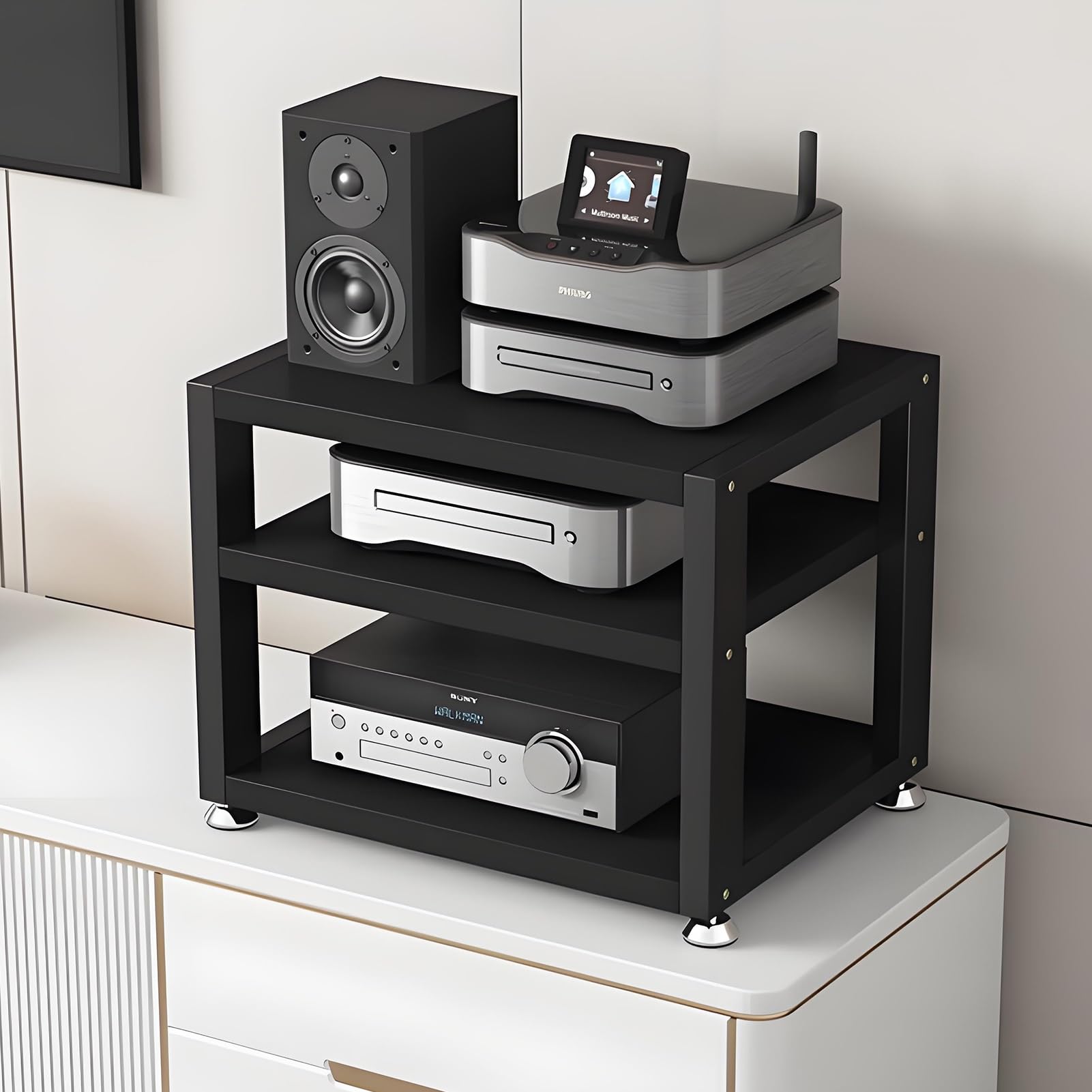 Soporte multimedia de 3/4 niveles, Estante De Audio, Soporte de Medios de almacenamiento abierto, Soporte de Medios de altura ajustable for consolas de juegos/Apple TV/ps4(Nero,15.7"x13.7"x13.9