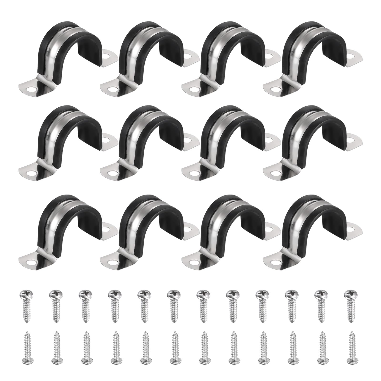 sourcing map 12Pcs 30mm Pipe Clips, 304 Stainless Steel Rubber Coated Cushion Pipe Strap Clamp U-Shaped Bracket with M3x130mm Screws for Tube Hose Cable Installation, Black