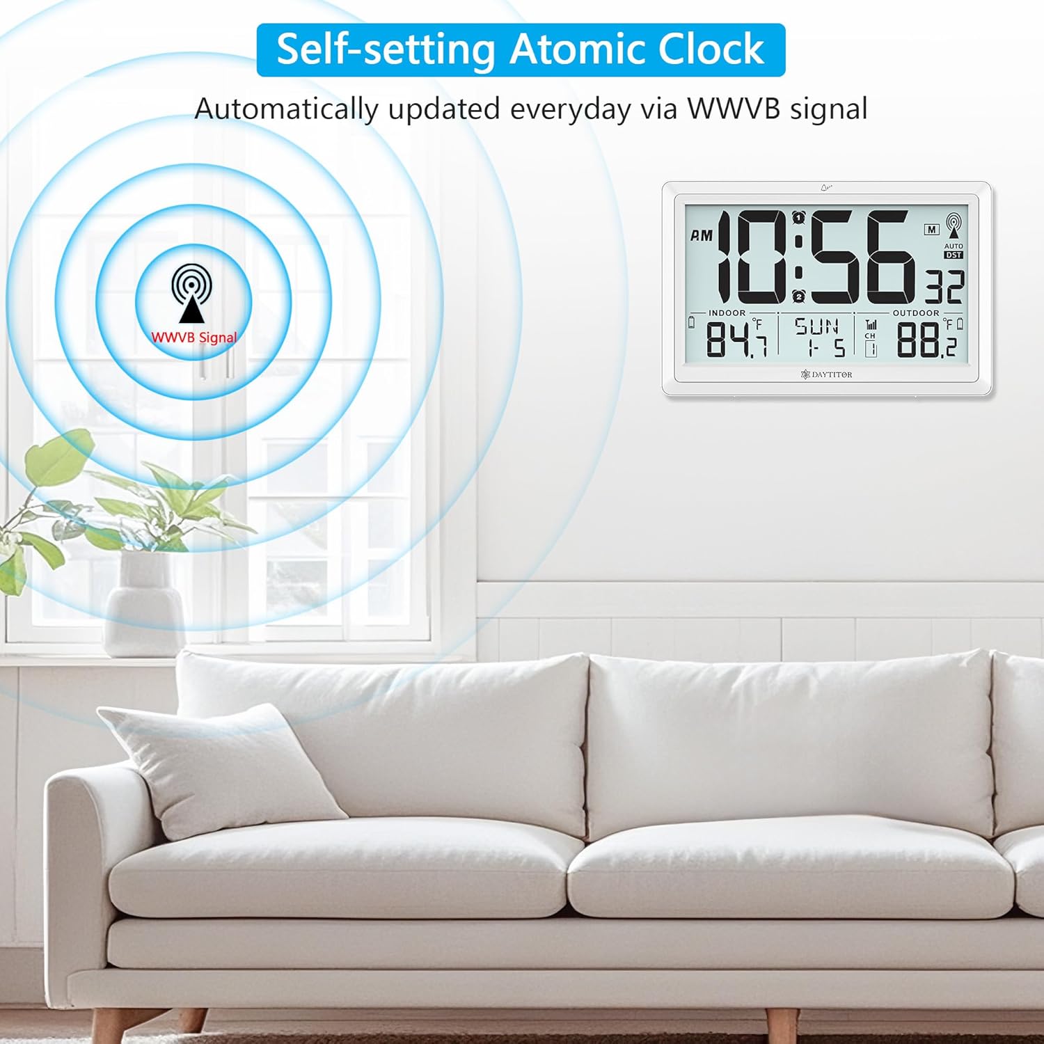 Atomic Clock Wall with Indoor/Outdoor Temp, Battery Operated Digital Wall Clock with 10.5" Large LCD Display, 330ft Range Desk Table Clock with Alarm, DST, Calendar for Living Room Bedroom, White
