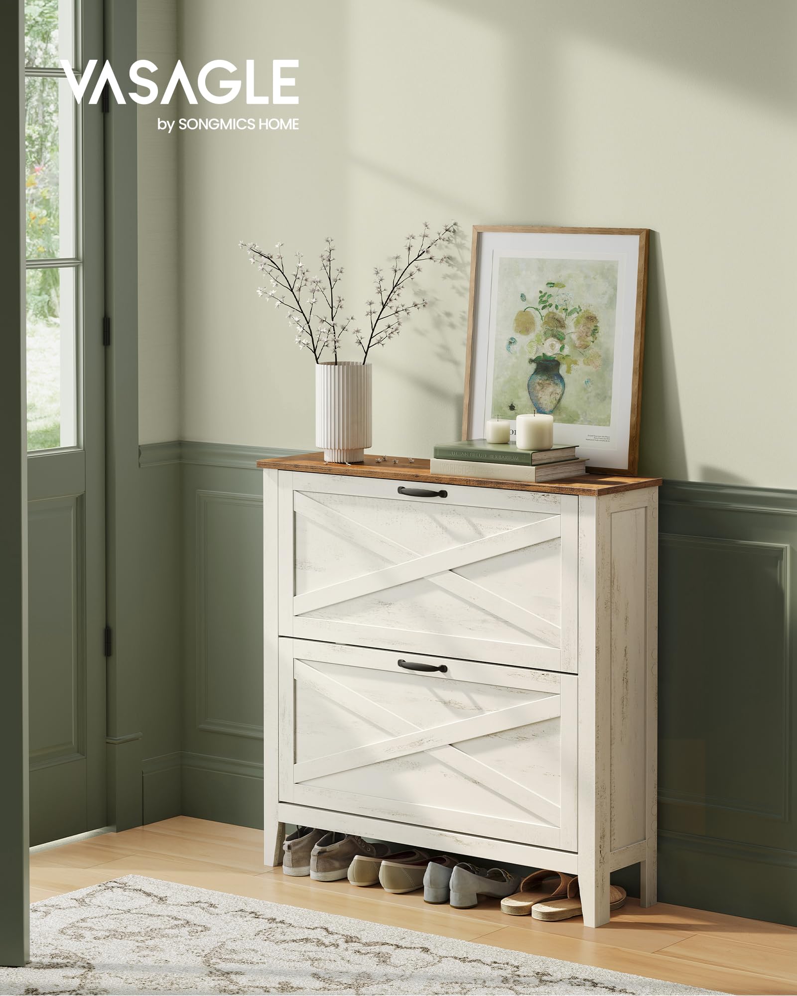 VASAGLE LIRY Colección - Mueble Zapatero, con 2 Cajones Abatibles, Zapatero Estrecho Independiente para Entrada, Estilo Rústico, para 12 a 16 Pares, Blanco Rústico HSC201W01
